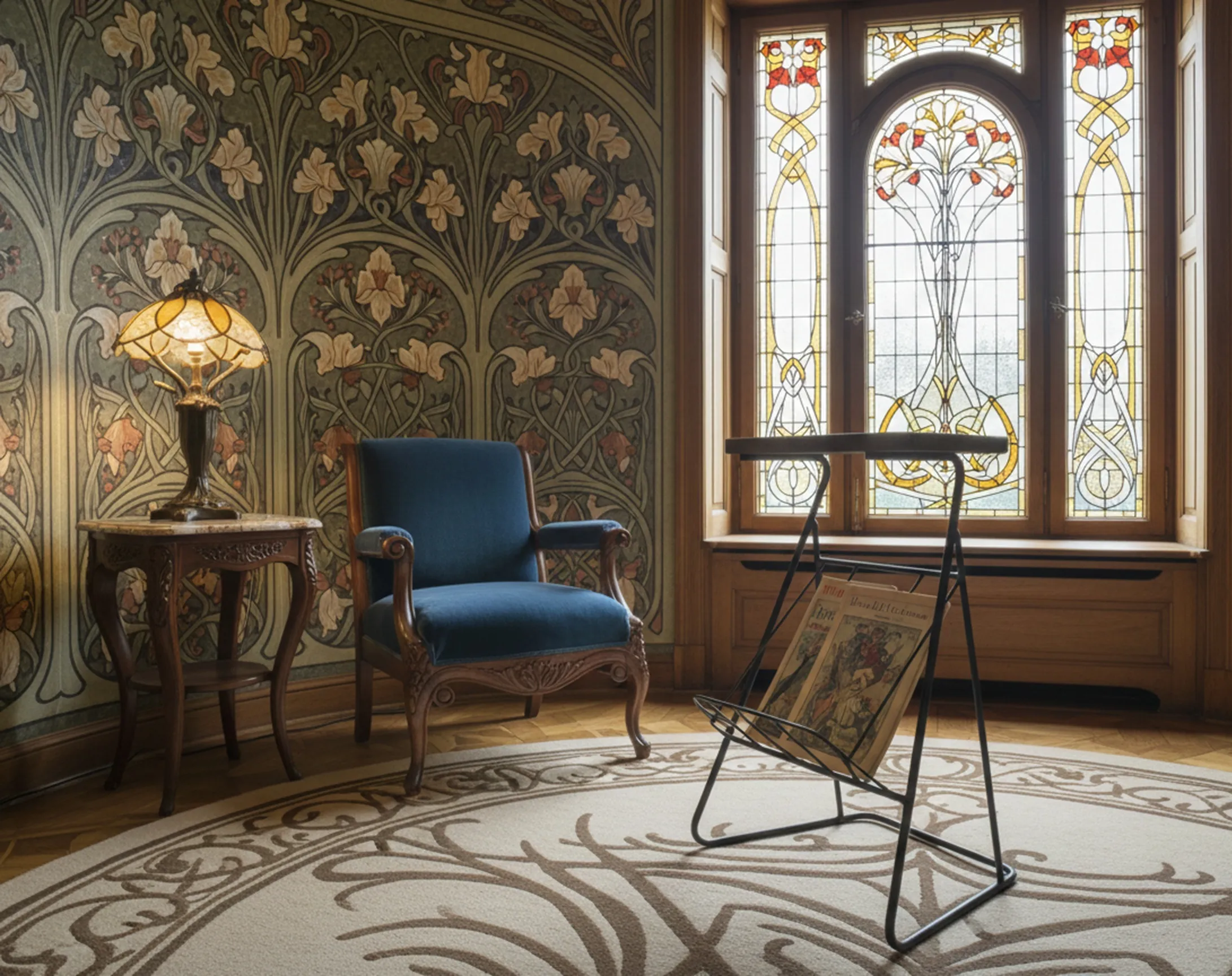 古い小さなテーブルの横にランプと青い椅子