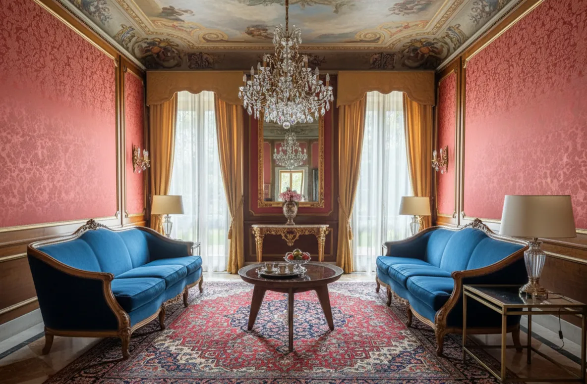 Tavolino da caffè antico di Charlotte Perriand, elegante e sofisticato, in un ambiente classico con divani blu e tappeto dettagliato.