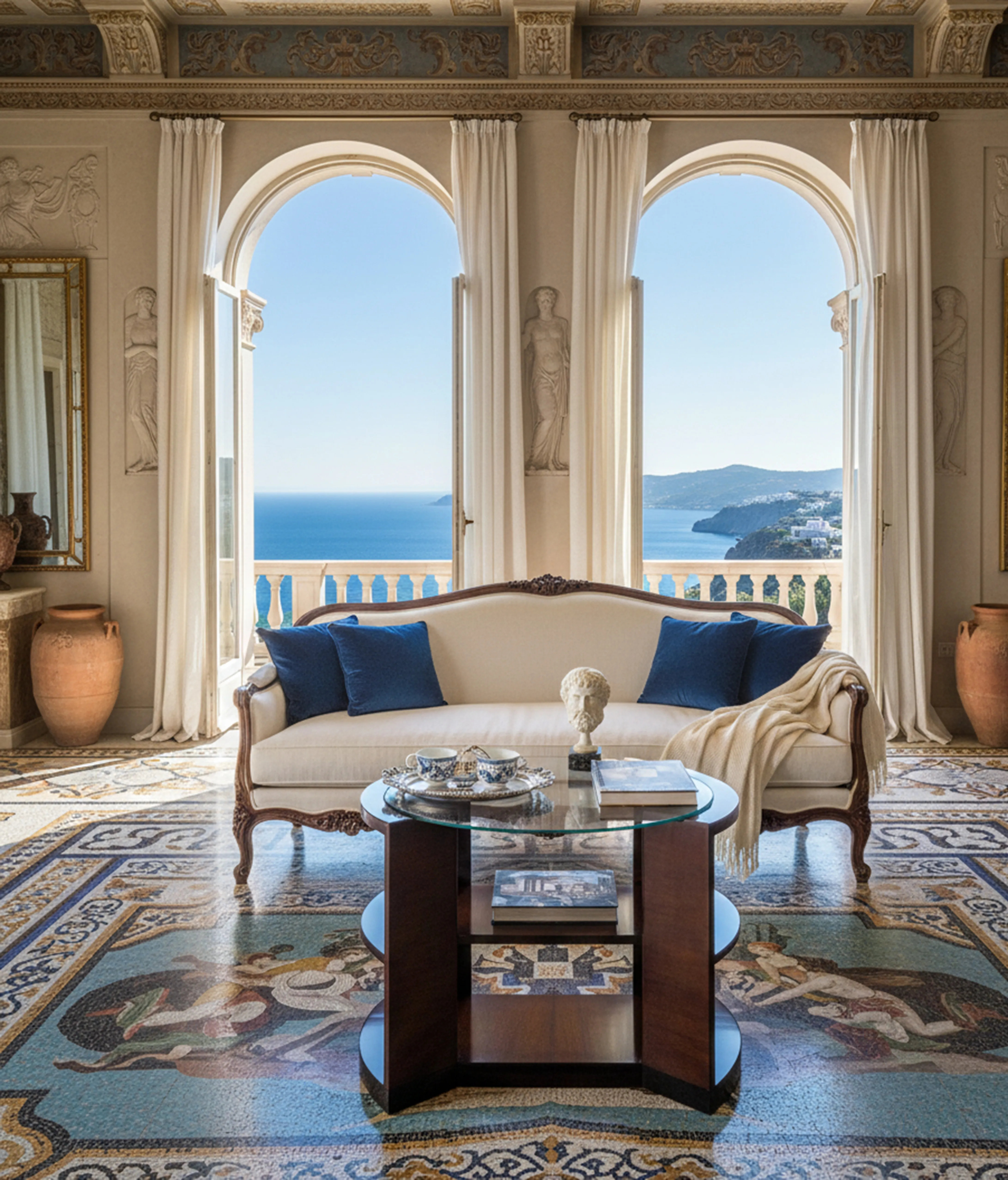 Mesa antiga com vista para o mar em uma sala elegante.