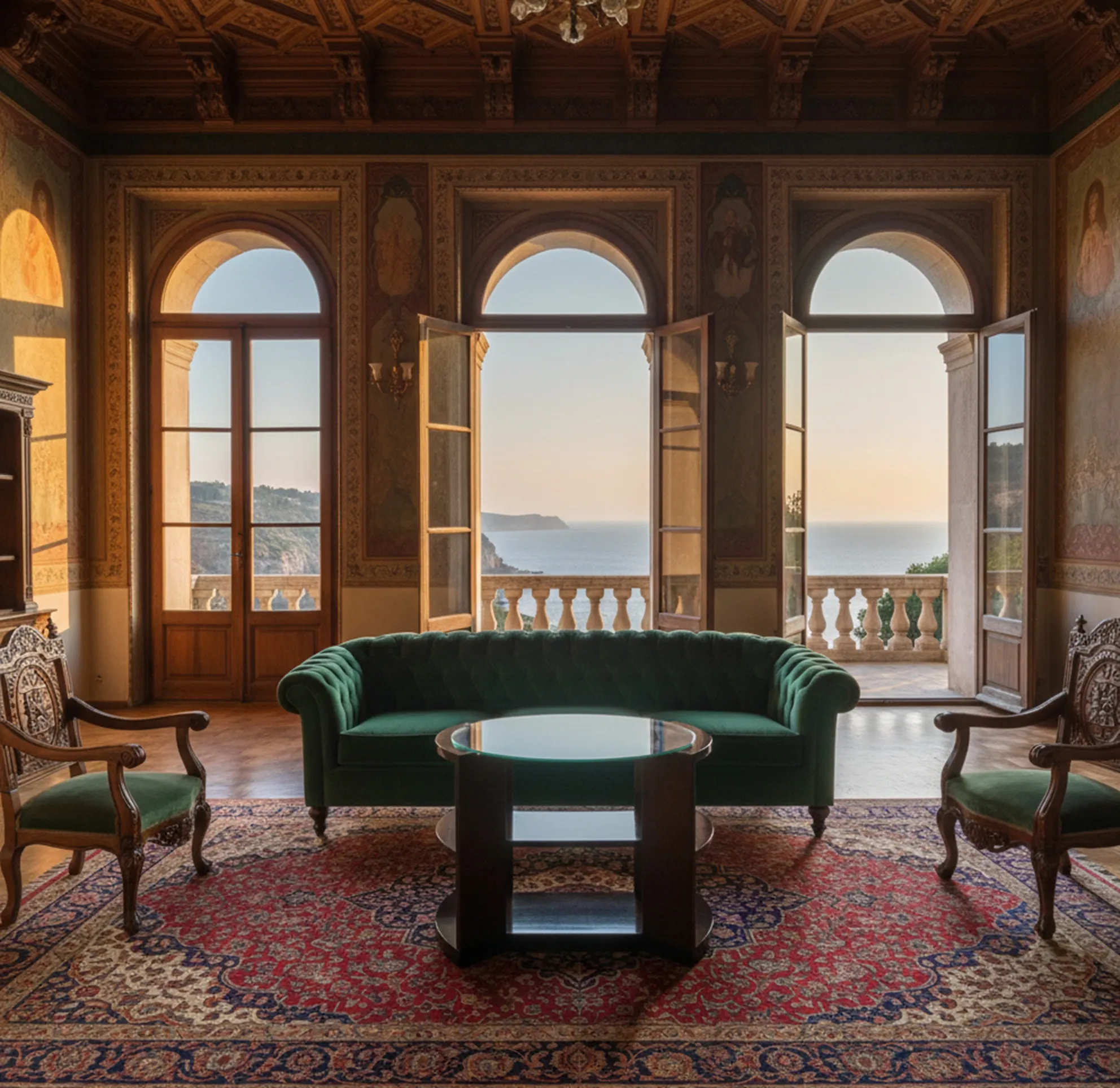 Mesa antiga em uma sala com vista para o mar, cercada por cadeiras e uma decoração elegante.