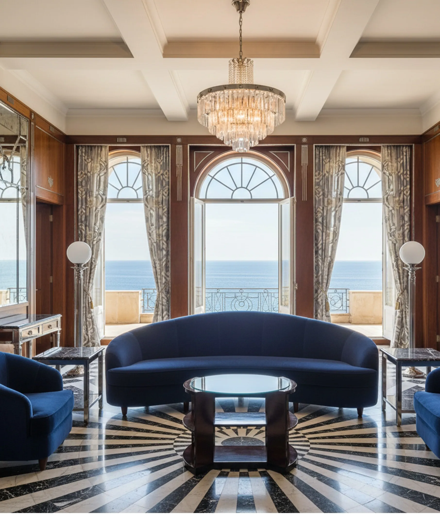 Mesa antigua con vistas al mar y una elegante terraza