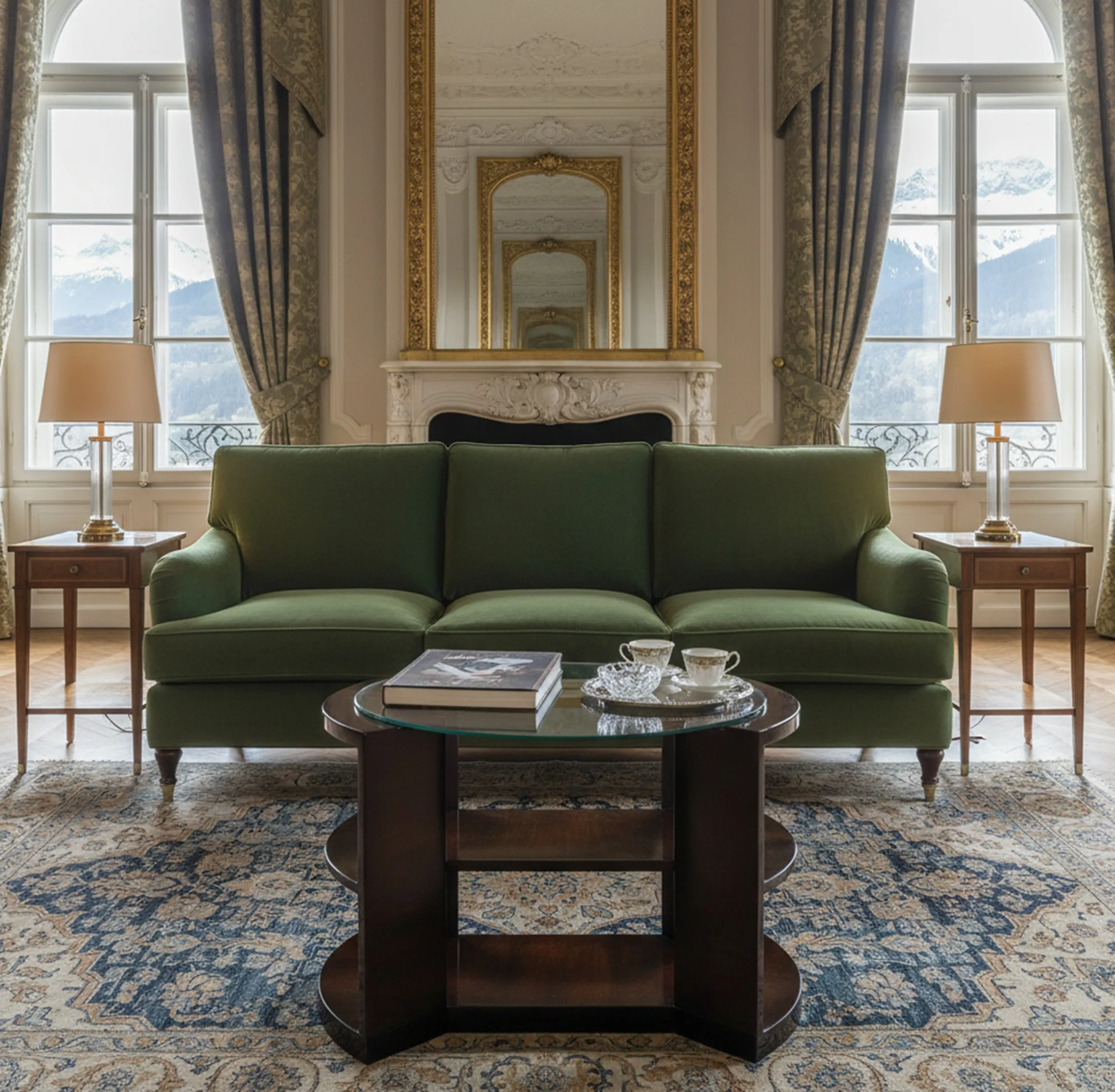 Mesa antigua de estilo clásico en una sala elegante con sofá verde.