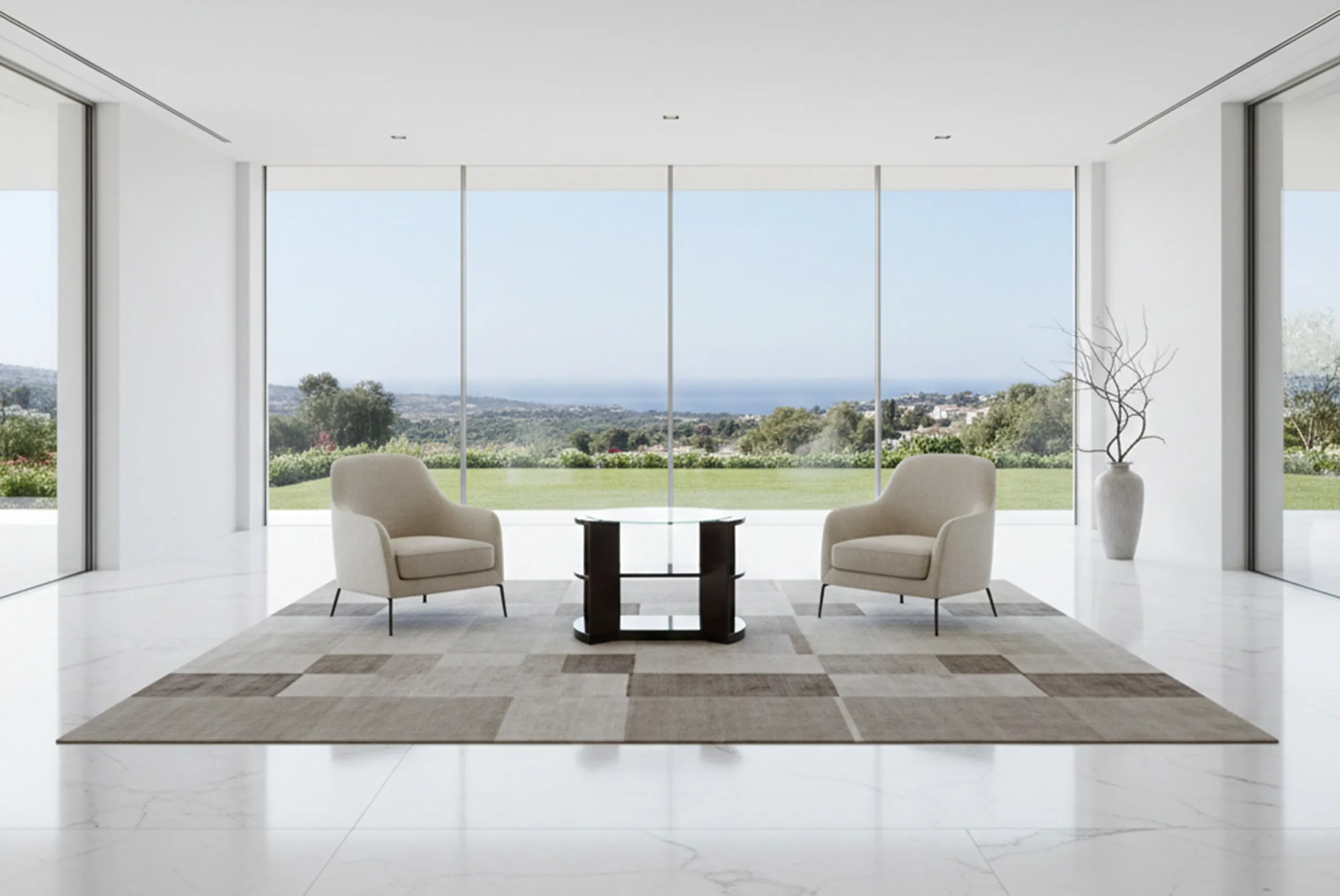 Mesa antigua de sala con aspecto elegante y moderno, rodeada de sillones