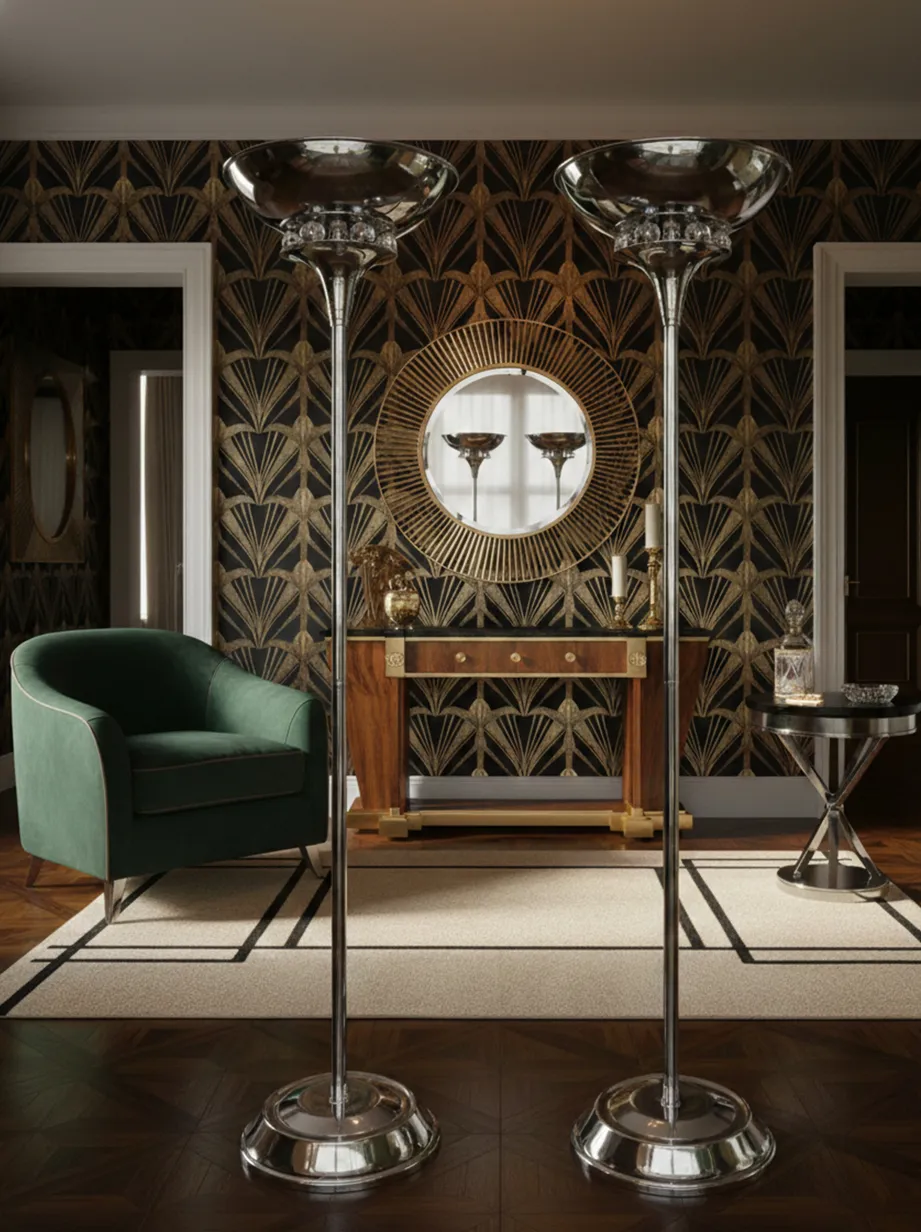 Duas lampadas de piso antigas art deco em frente a um espelho