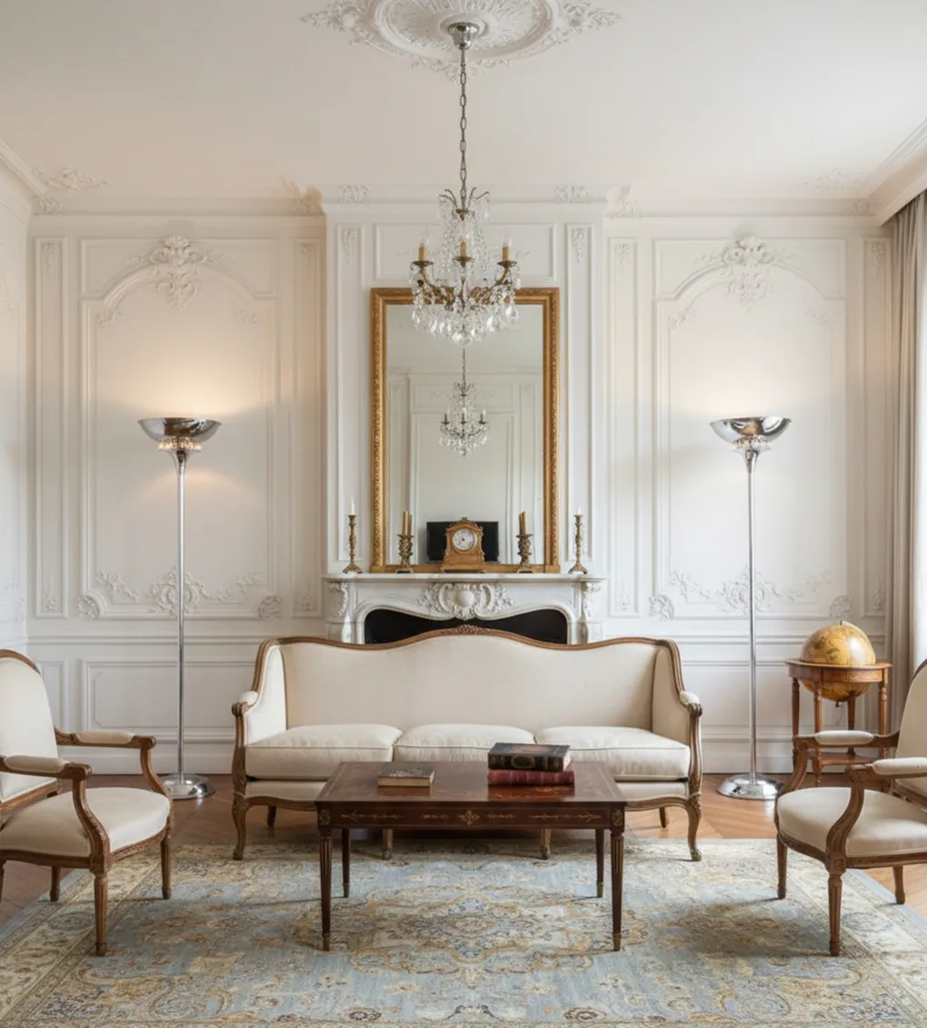 Deux lampadaires anciens de style Art Deco dans un salon élégant avec des lustres et une horloge