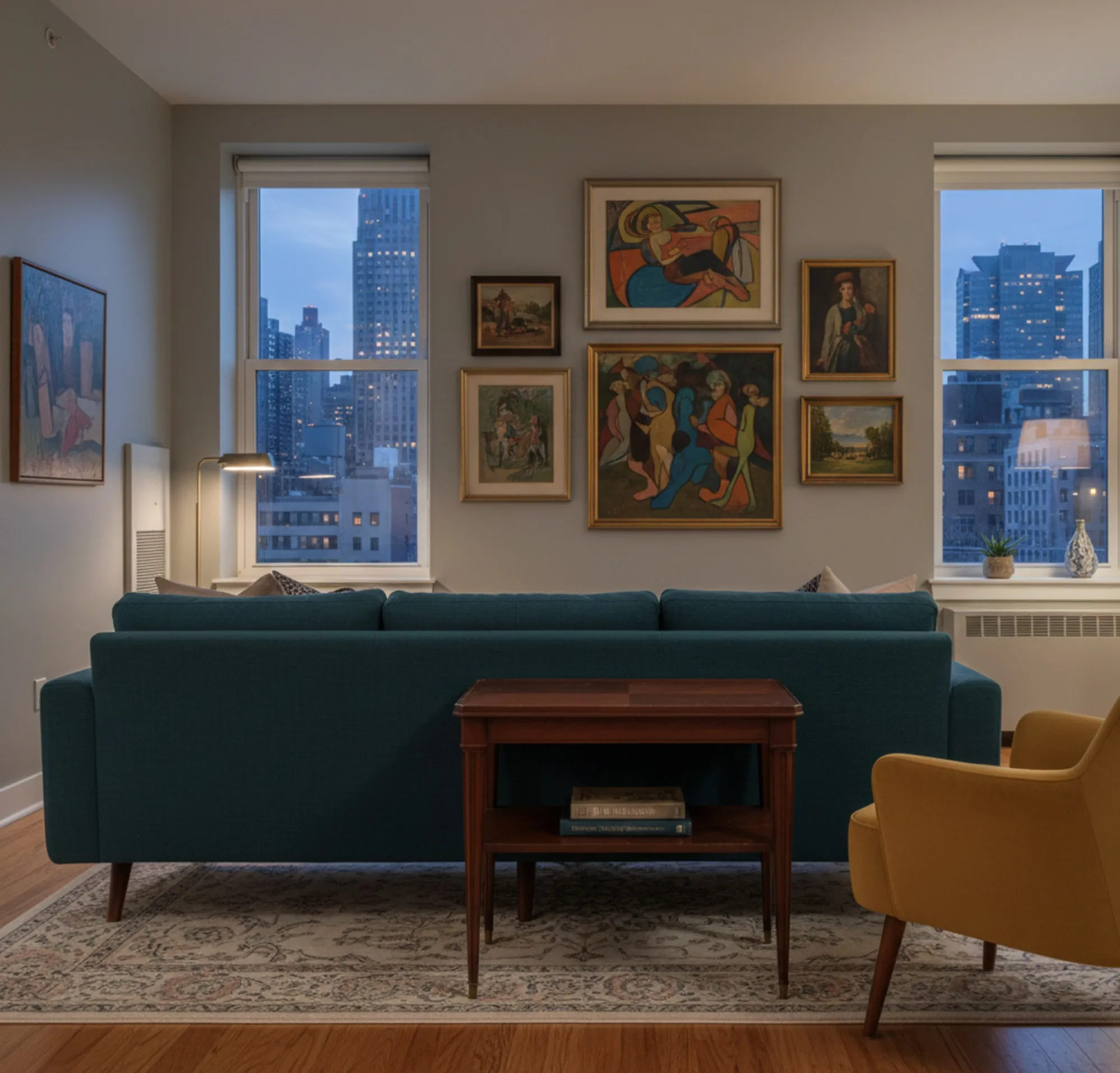 古いリビング小テーブルの上に本があり、壁にアートがある居心地の良い空間