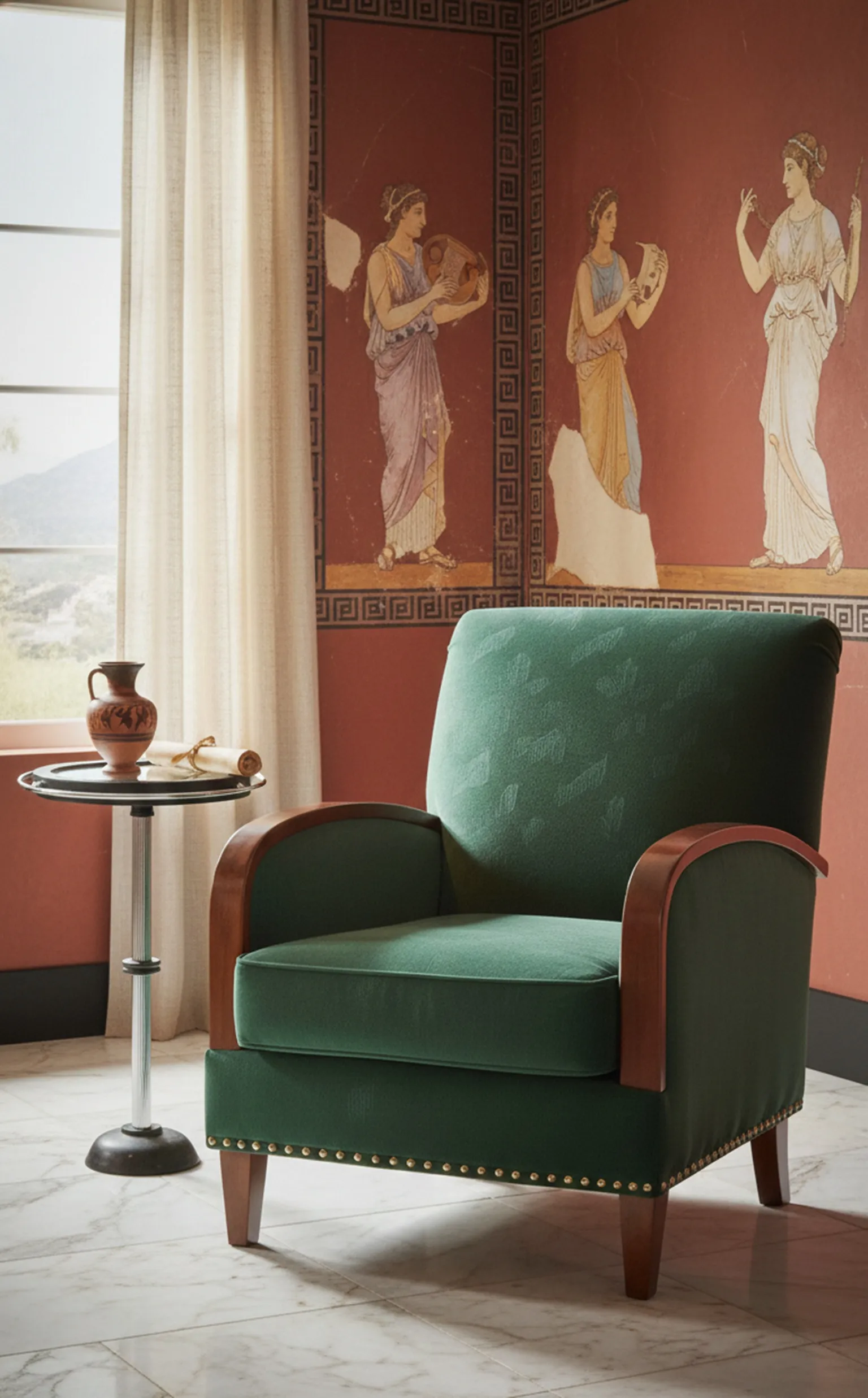 Petite table ancienne à côté d'un fauteuil vert dans un cadre accueillant