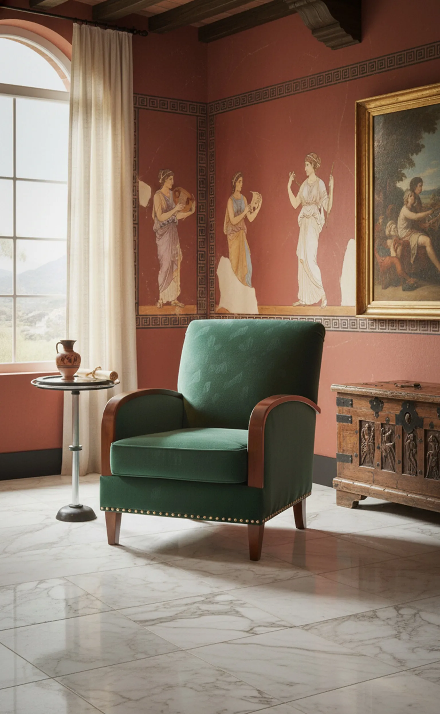 Tavolino antico in un ambiente classico con decorazioni vintage.