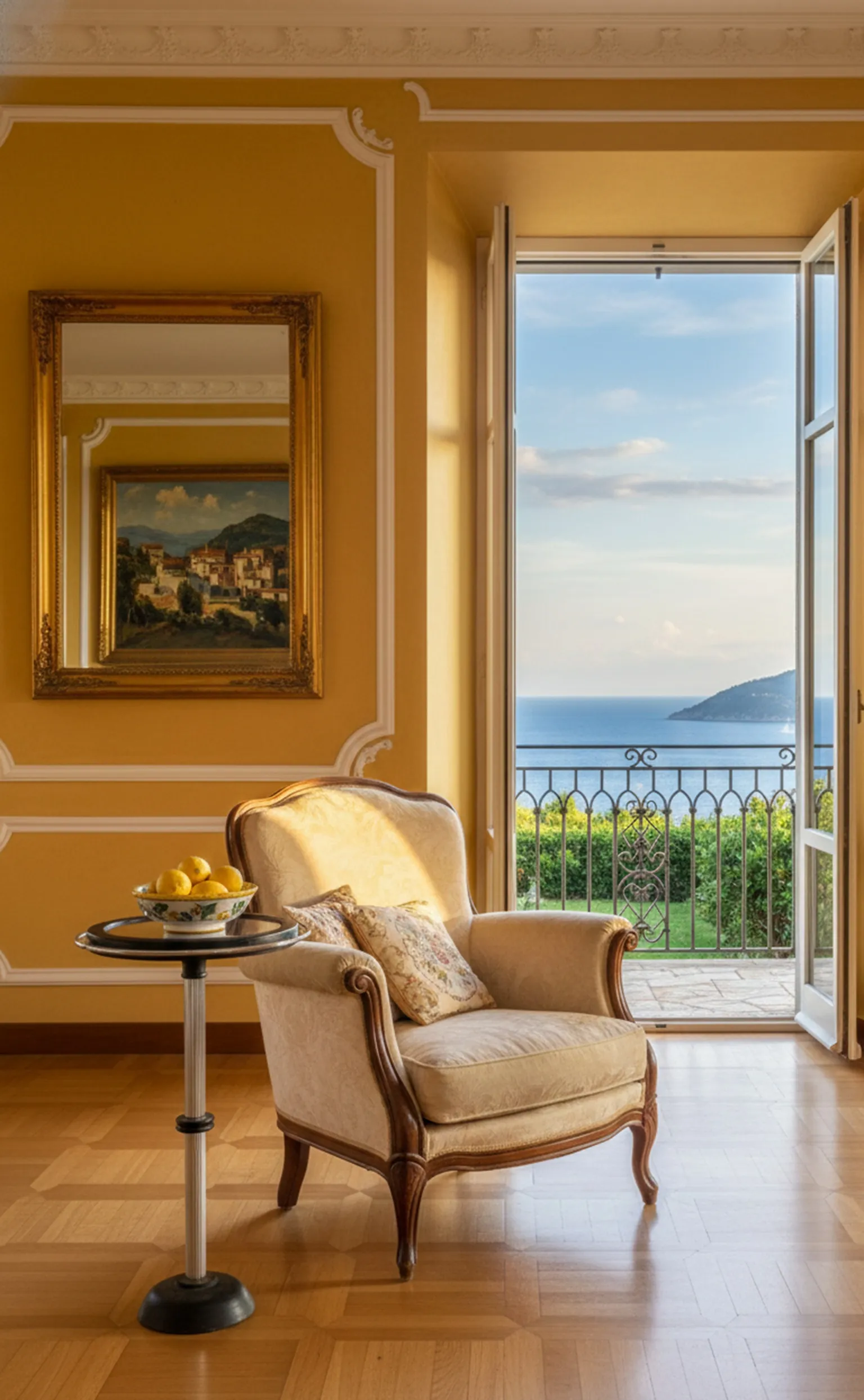 古い小さなテーブル、シンプルなスタンドと装飾用のレモン付き