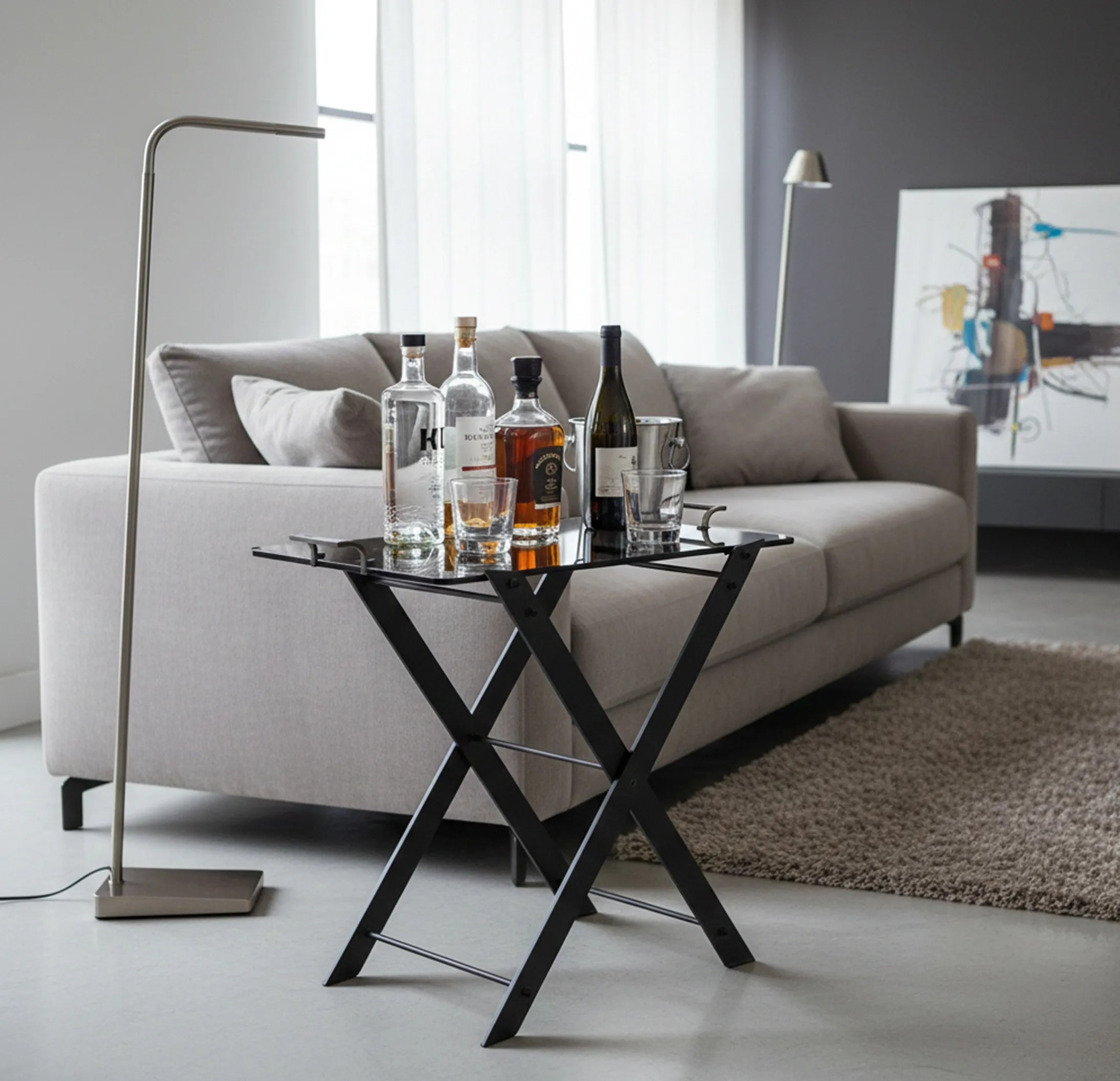 antique table with bottles and glass in a modern setting