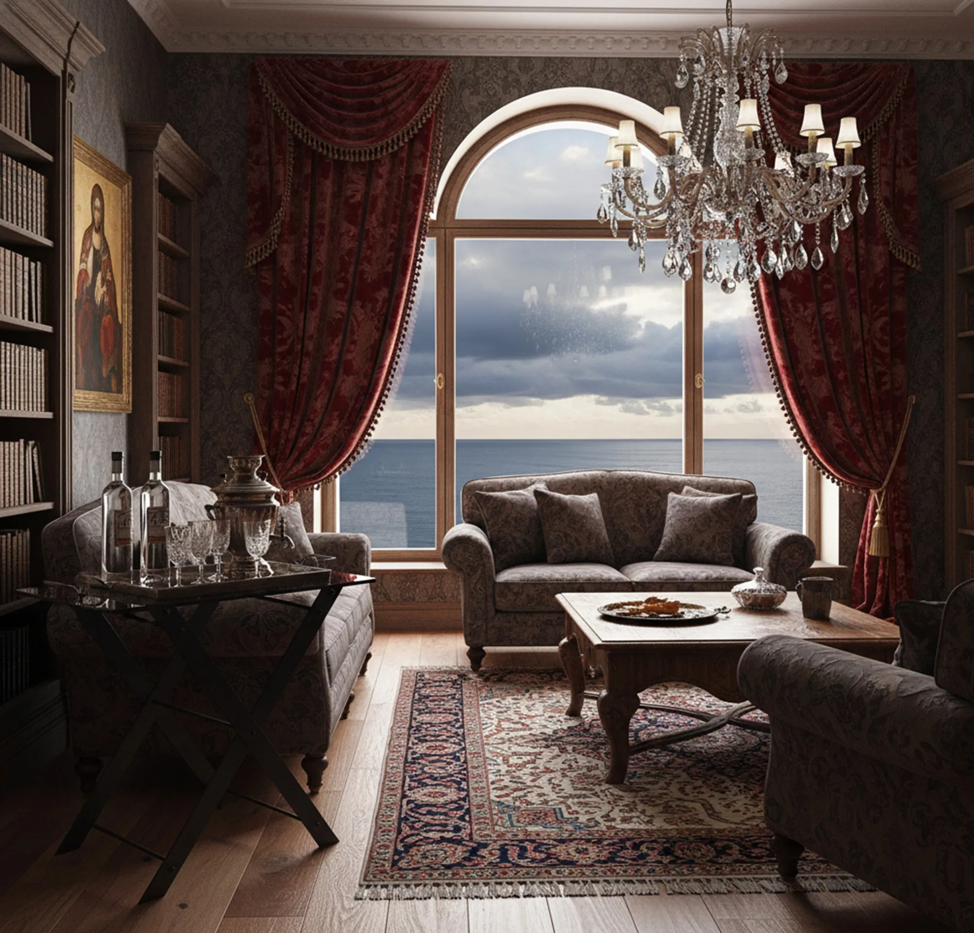 Antique table in a cozy living room with sofa and window