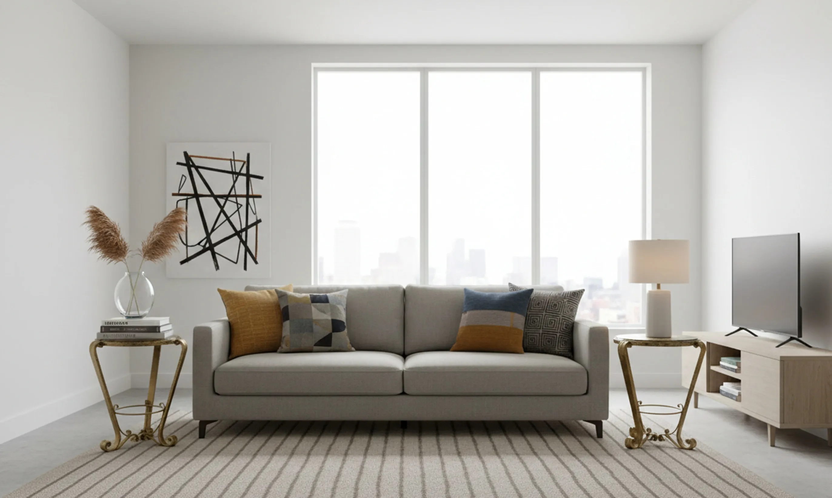 2 mesinhas antigas elegantes em uma sala moderna, decoradas com flores