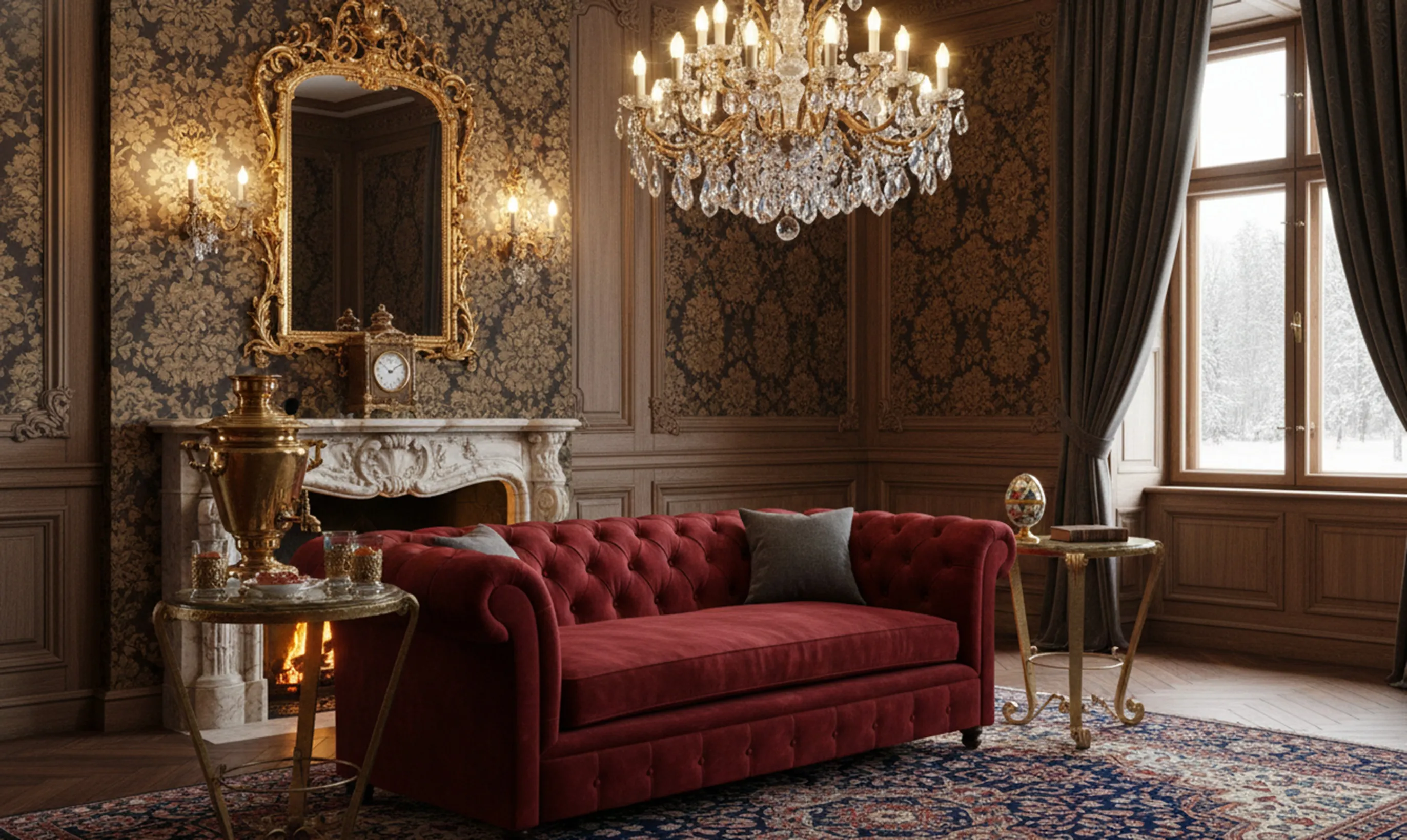 deux petites tables anciennes décoratives, cadre élégant avec canapé rouge