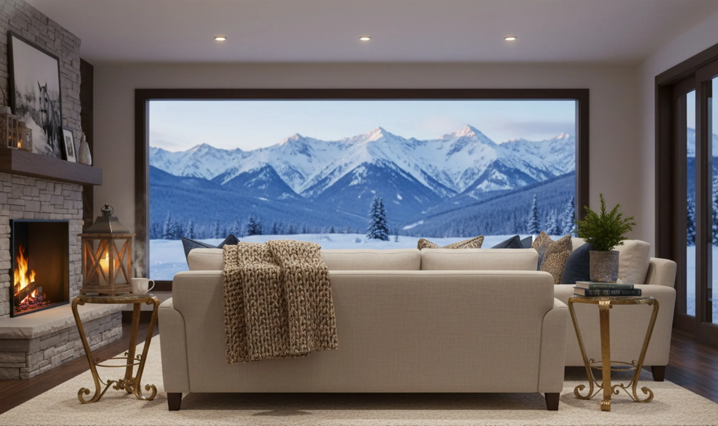 सोफे के बगल में 2 छोटी प्राचीन मेज़ एक गर्म माहौल में