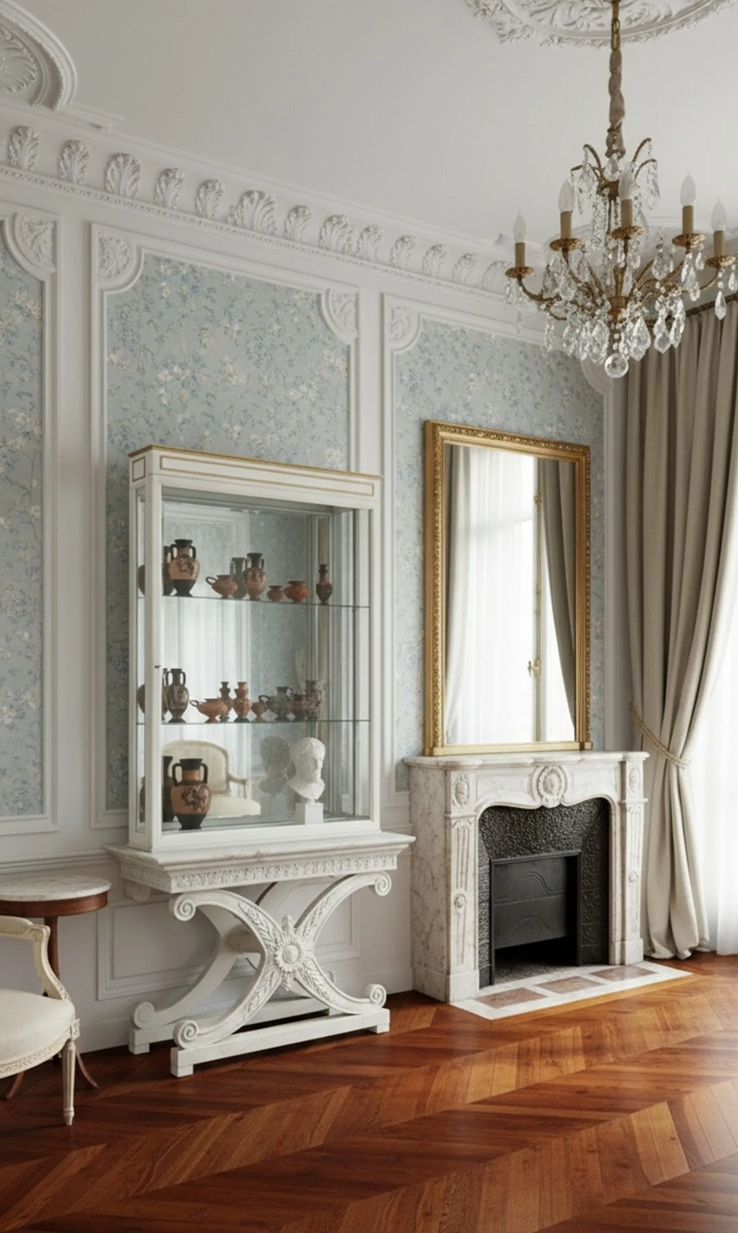 Antike Vitrine maison jansen mit eleganter Dekoration und Vintage-Objekten.