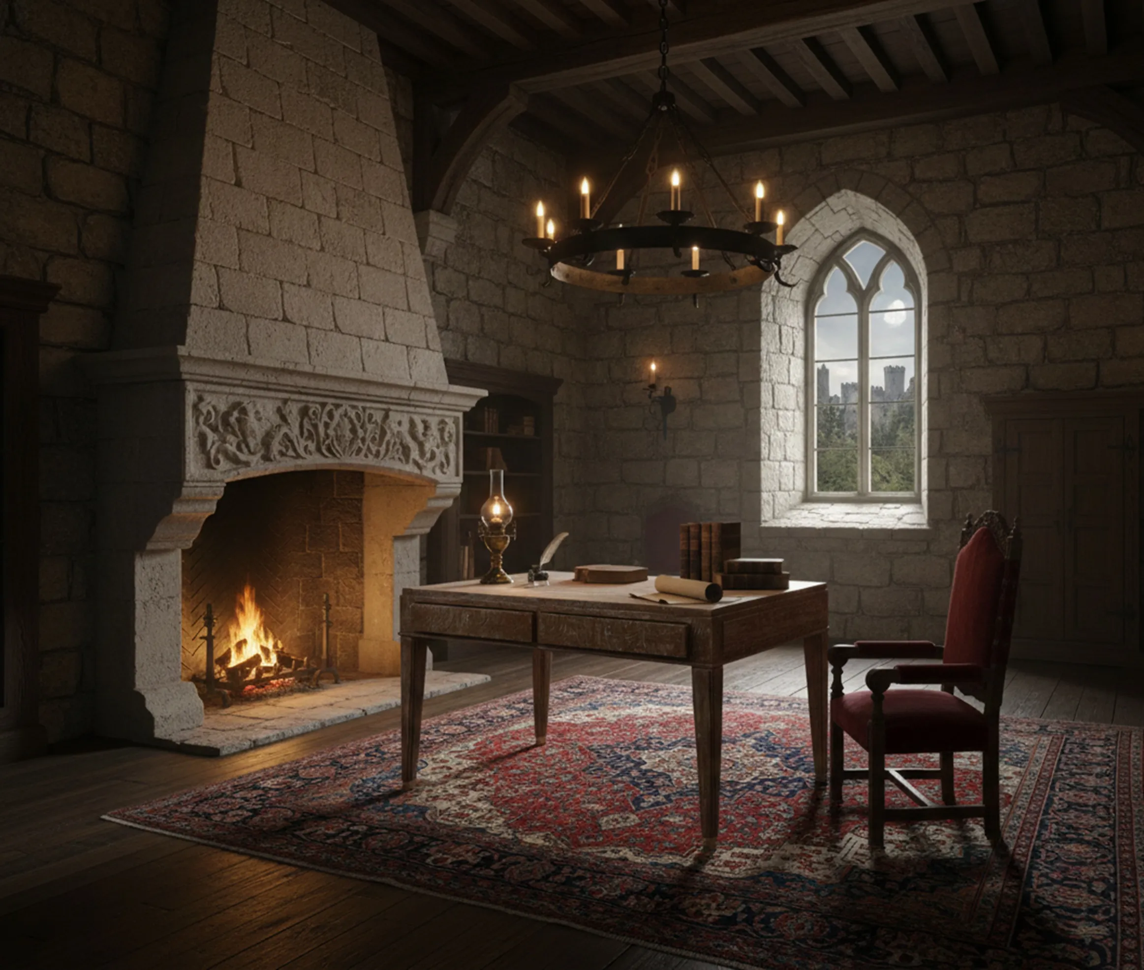 antique desk in a room with fireplace and lamp light