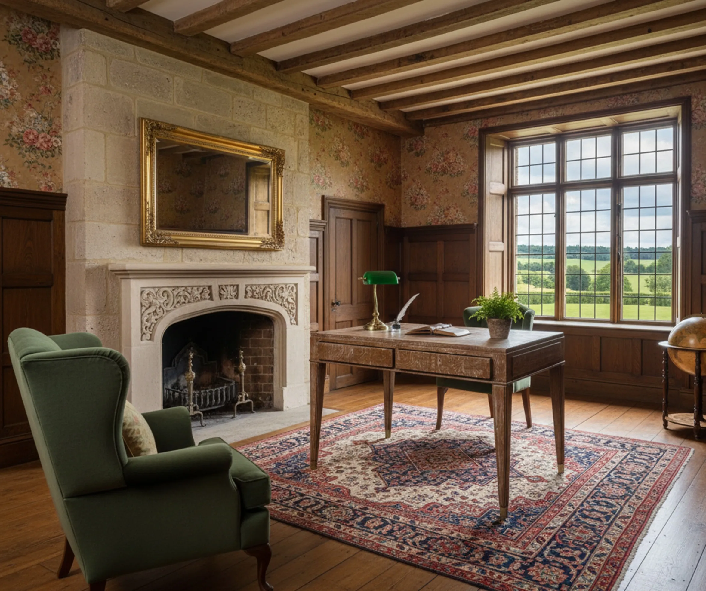 مكتب قديم في مكتب مريح مع كرسي أخضر