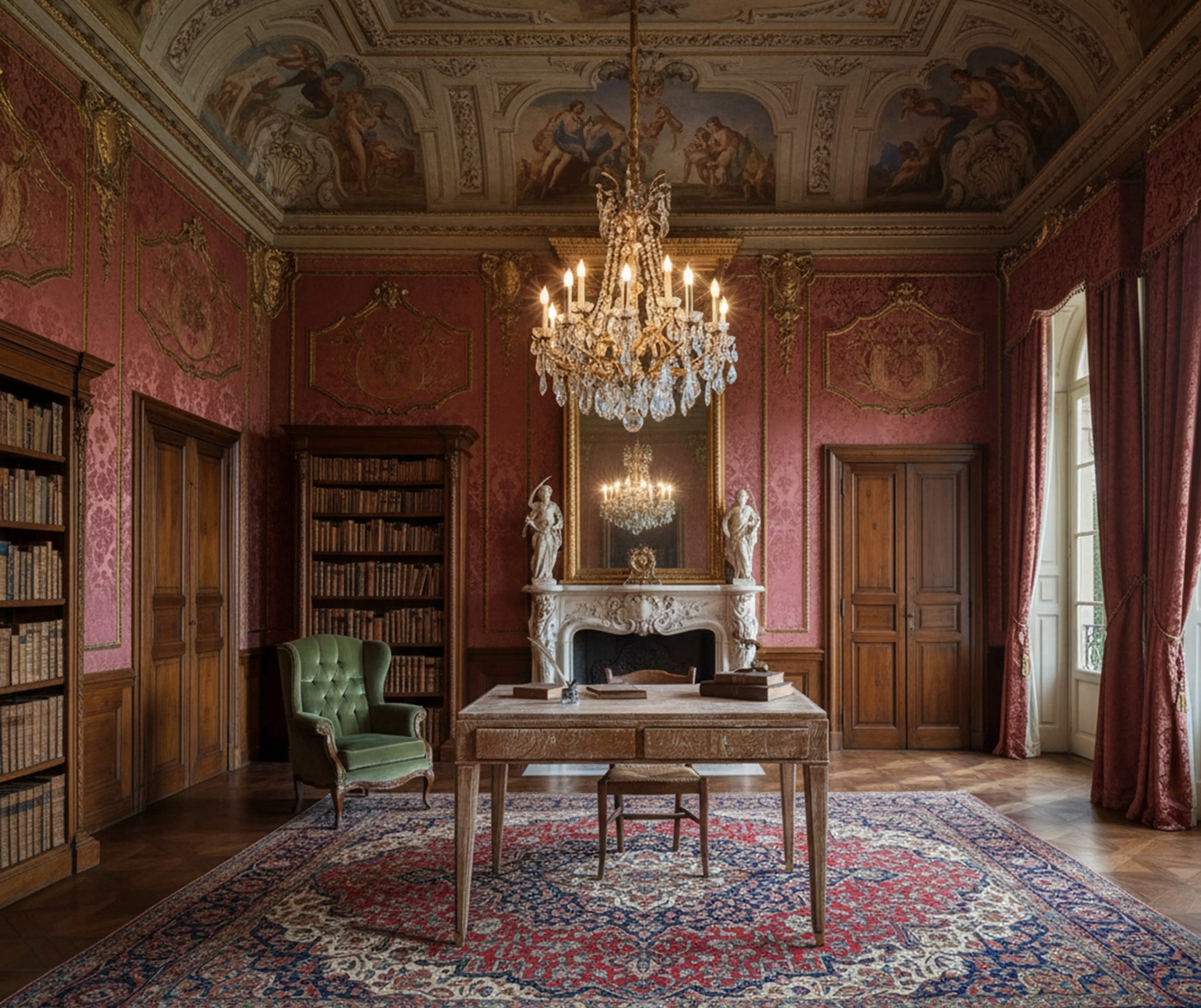 bureau ancien avec décoration élégante et bibliothèque