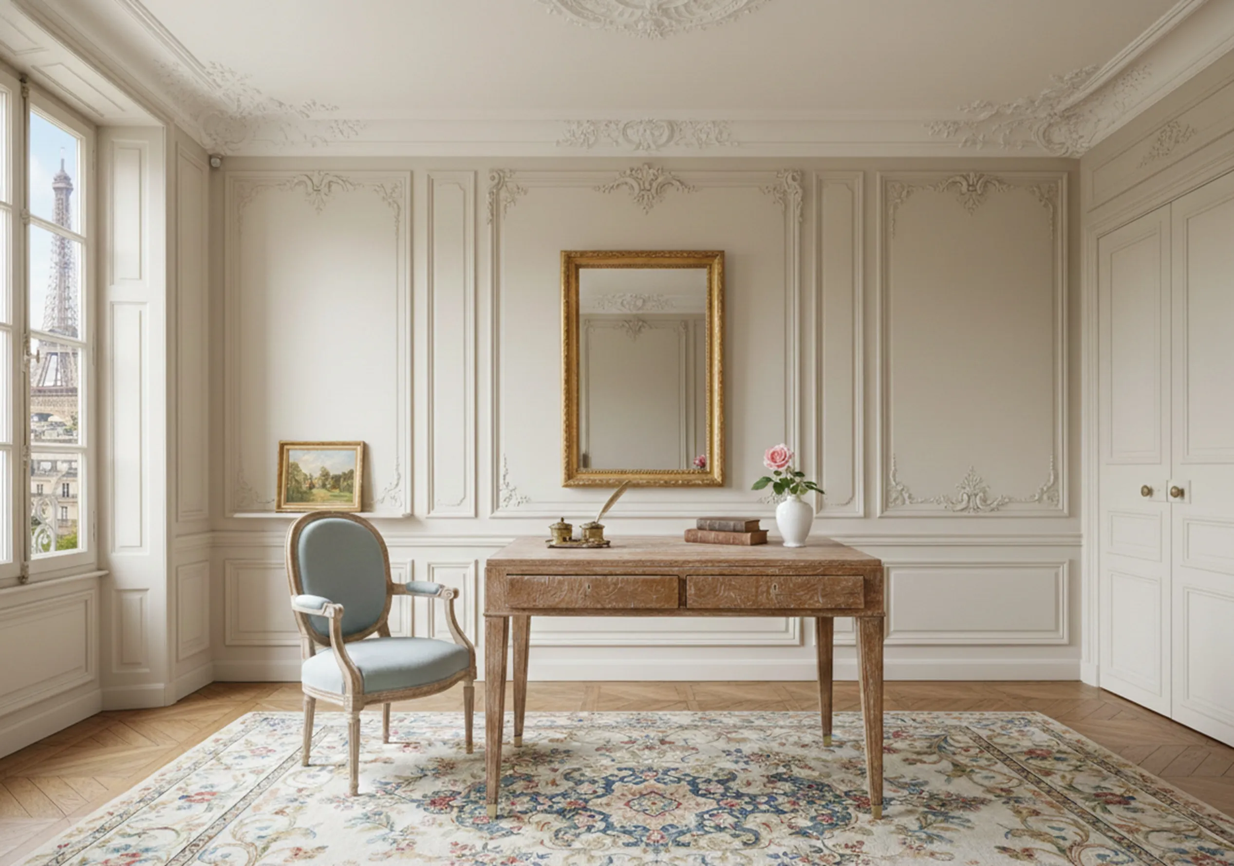 Antique desk by Jean Michel Frank in an elegant room with a blue chair.