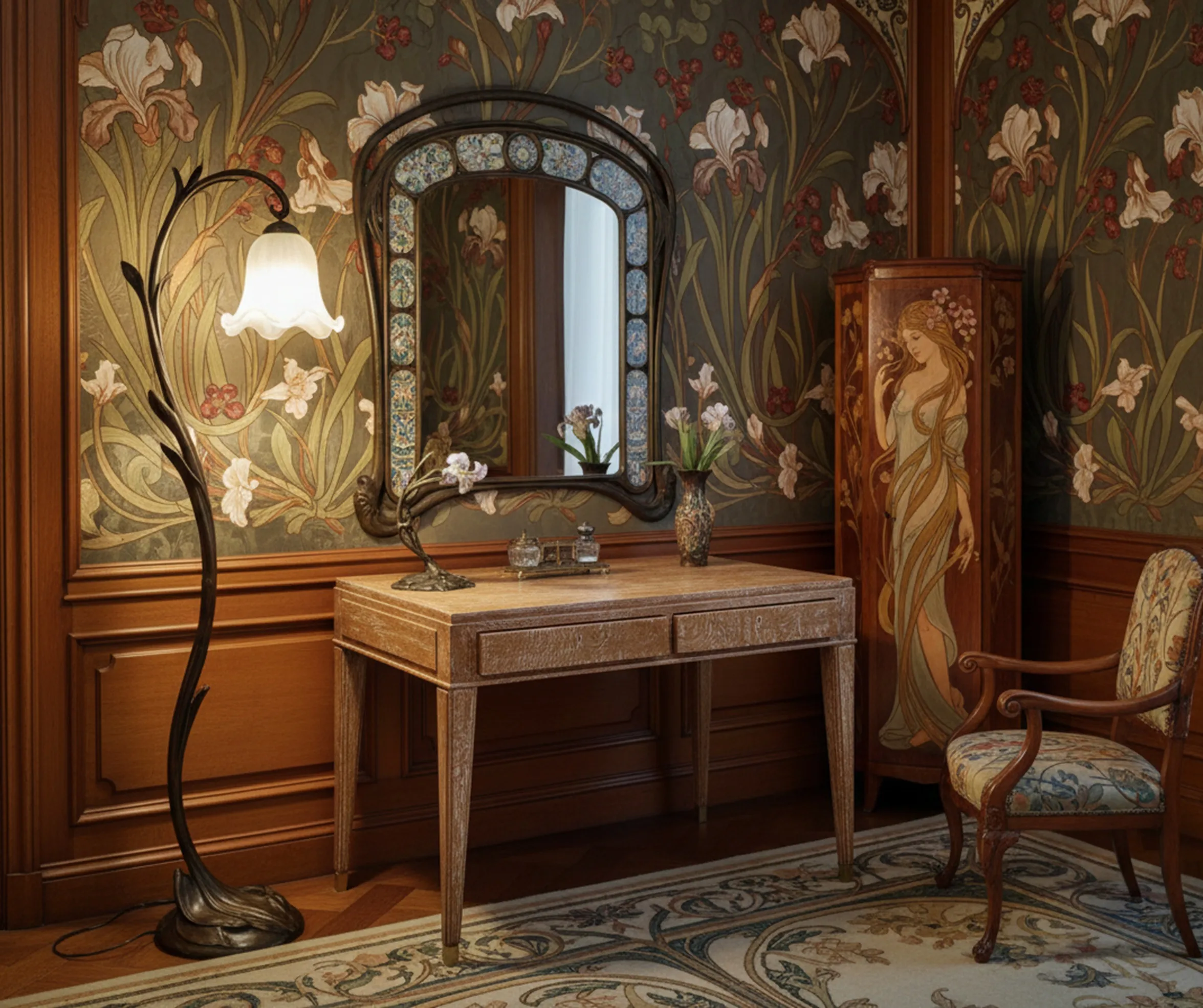 장식적인 세부 사항과 거울이 있는 고전 책상