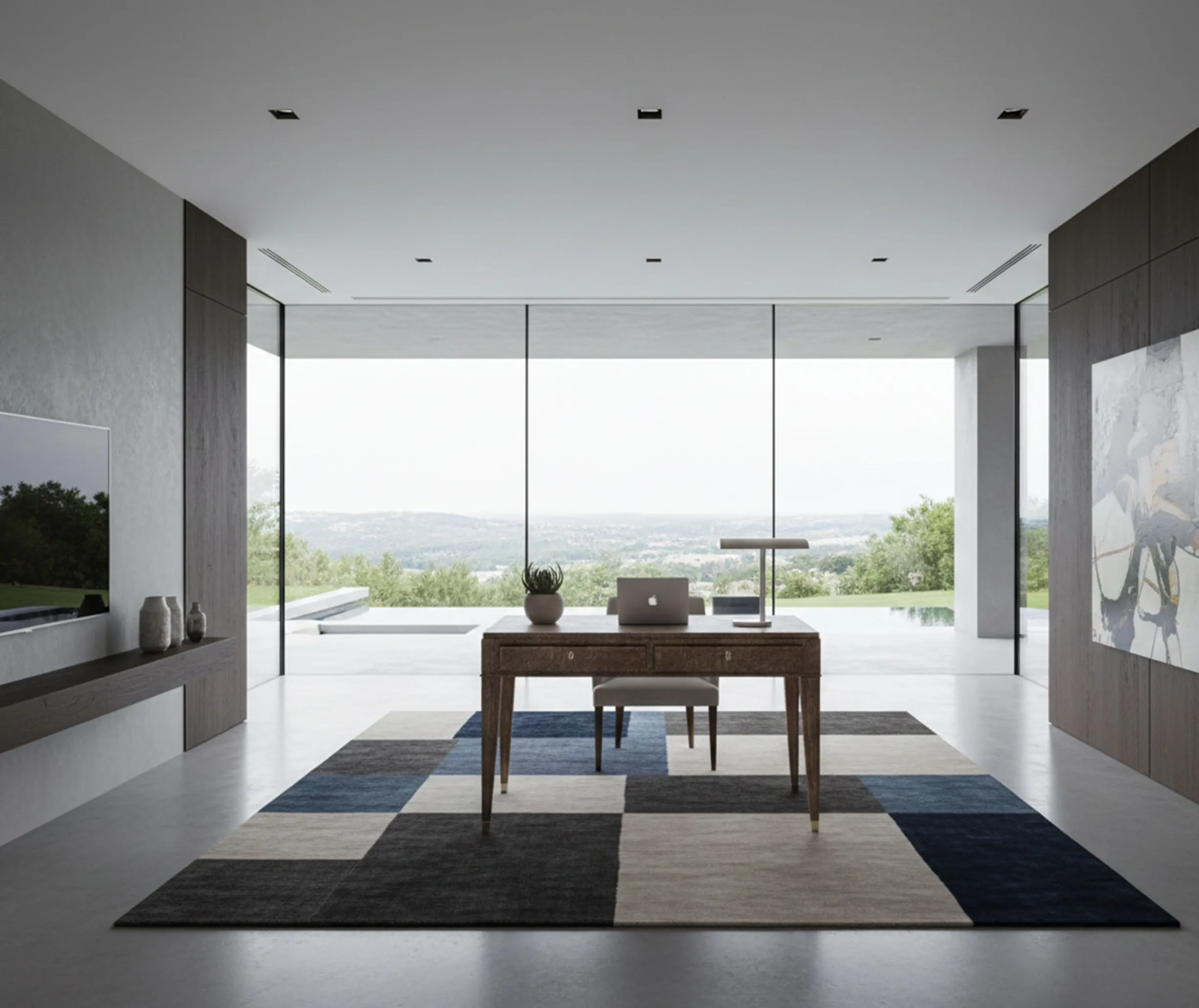 Scrivania antica con design moderno e vista esterna.