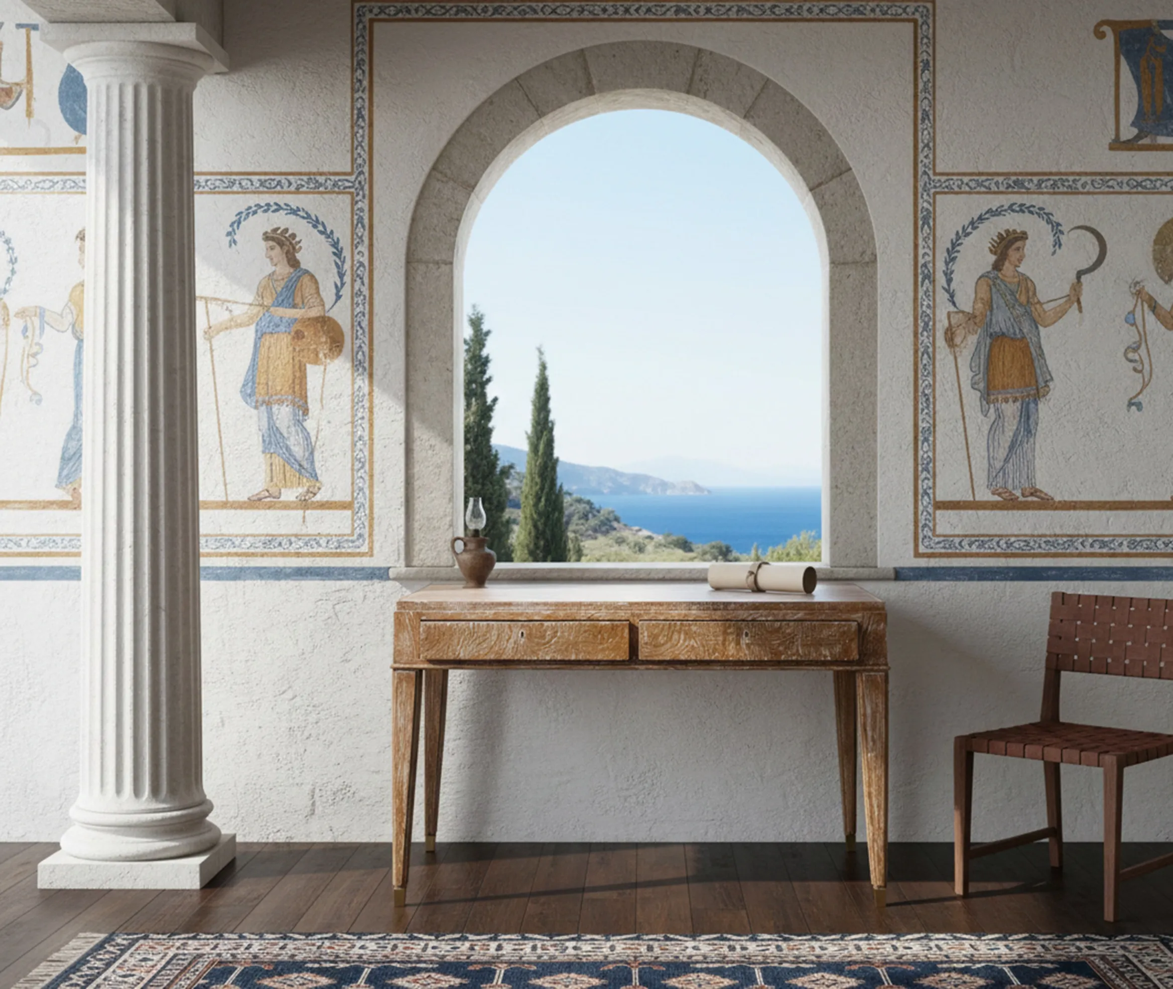 두 개의 서랍이 있는 오래된 책상이 밝은 환경 속에.