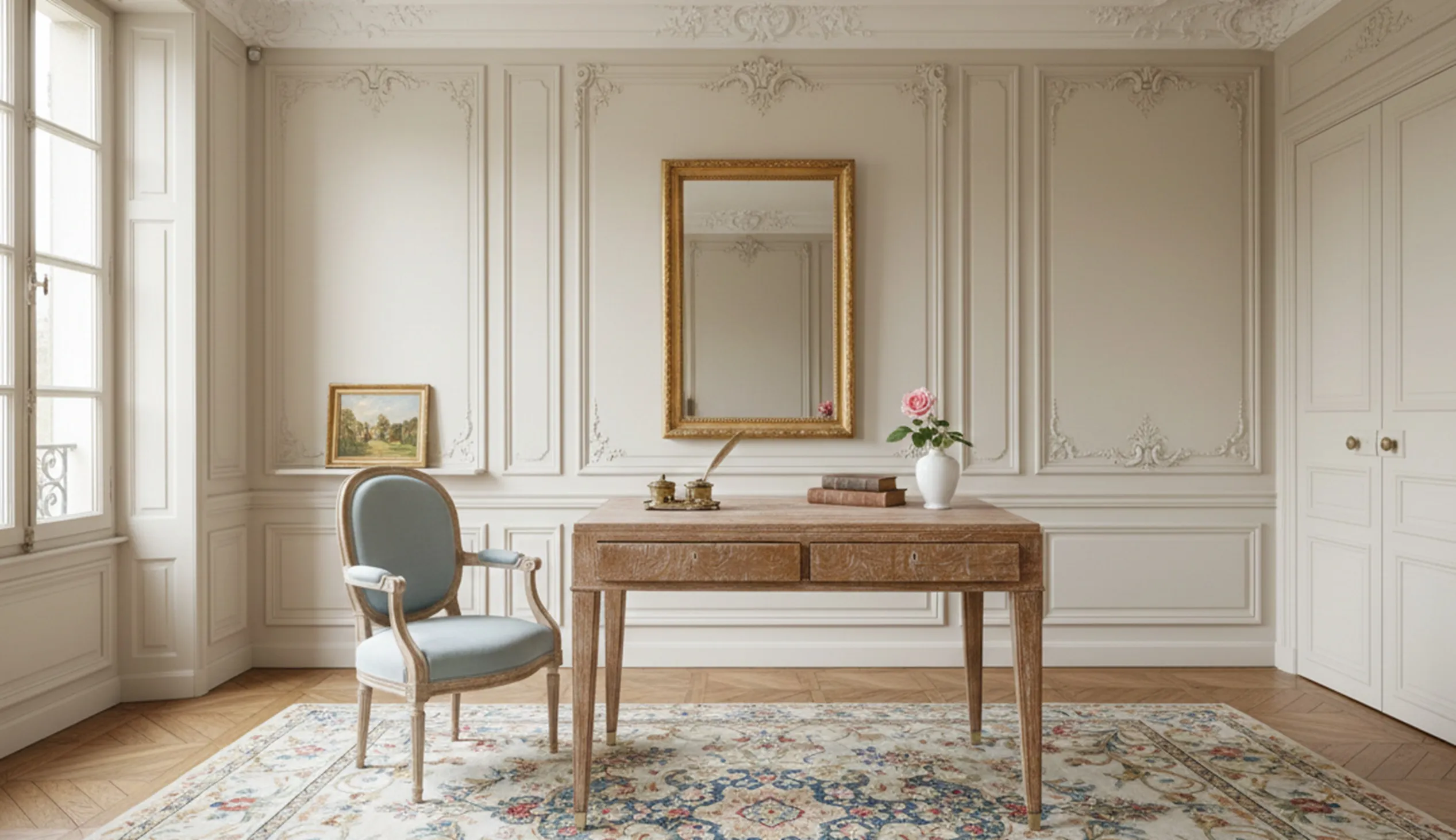 Antique desk elegantly decorated with flowers and paintings in a stylish setting.