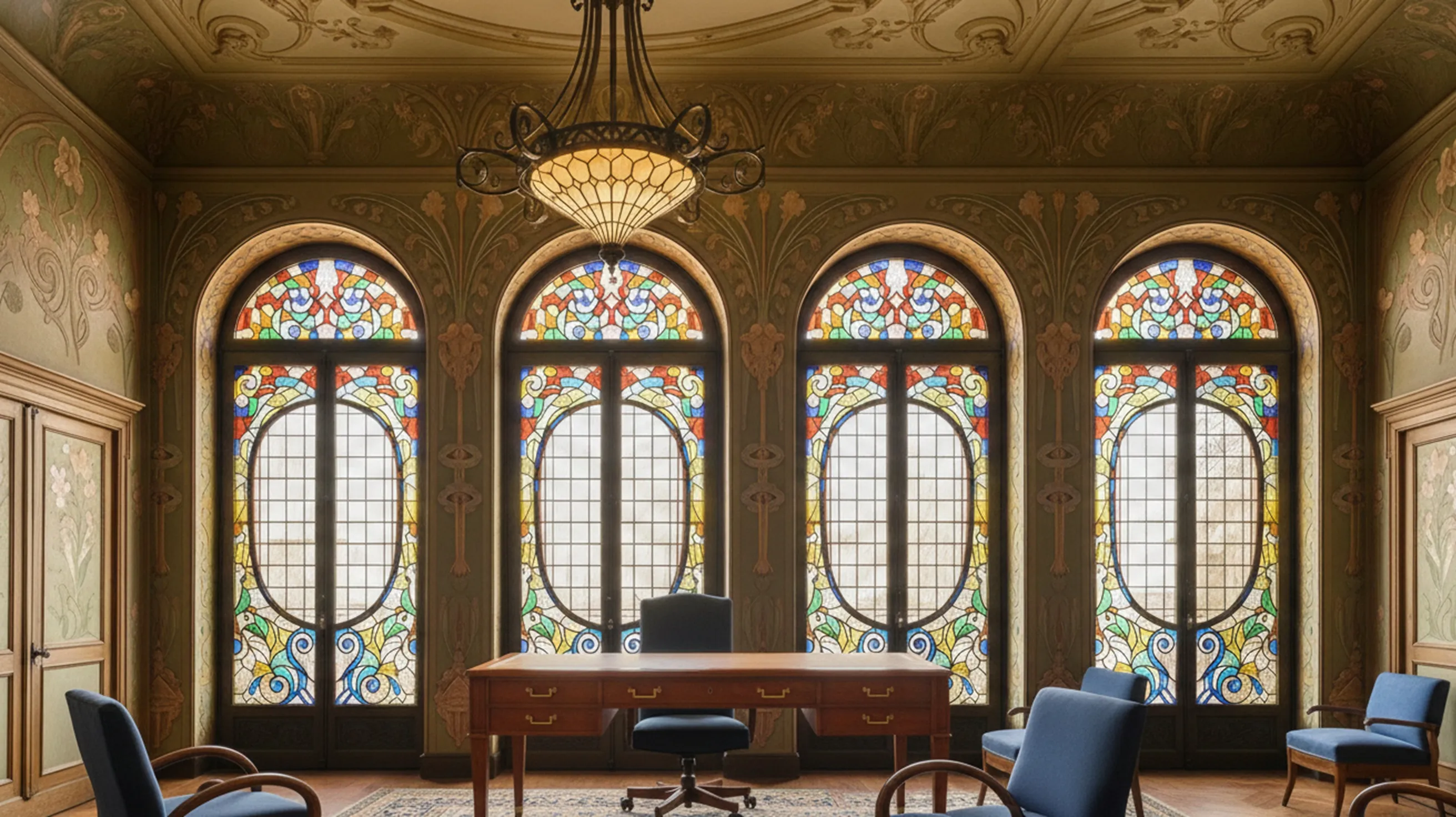 Escritorio antiguo con diseño clásico, ambientado en un espacio elegante con ventanas de cristal.