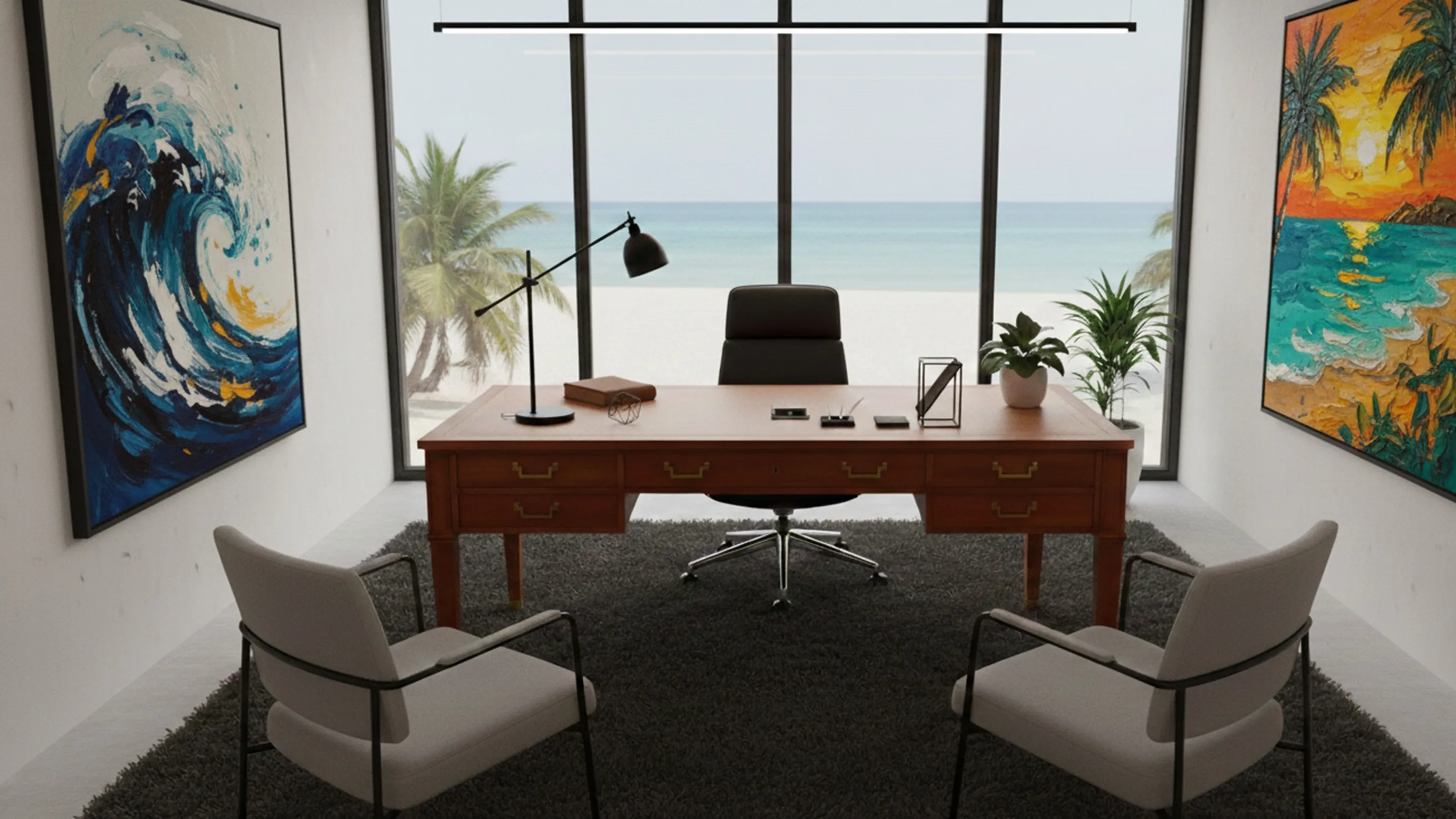 古董书桌，现代风格和海洋景观