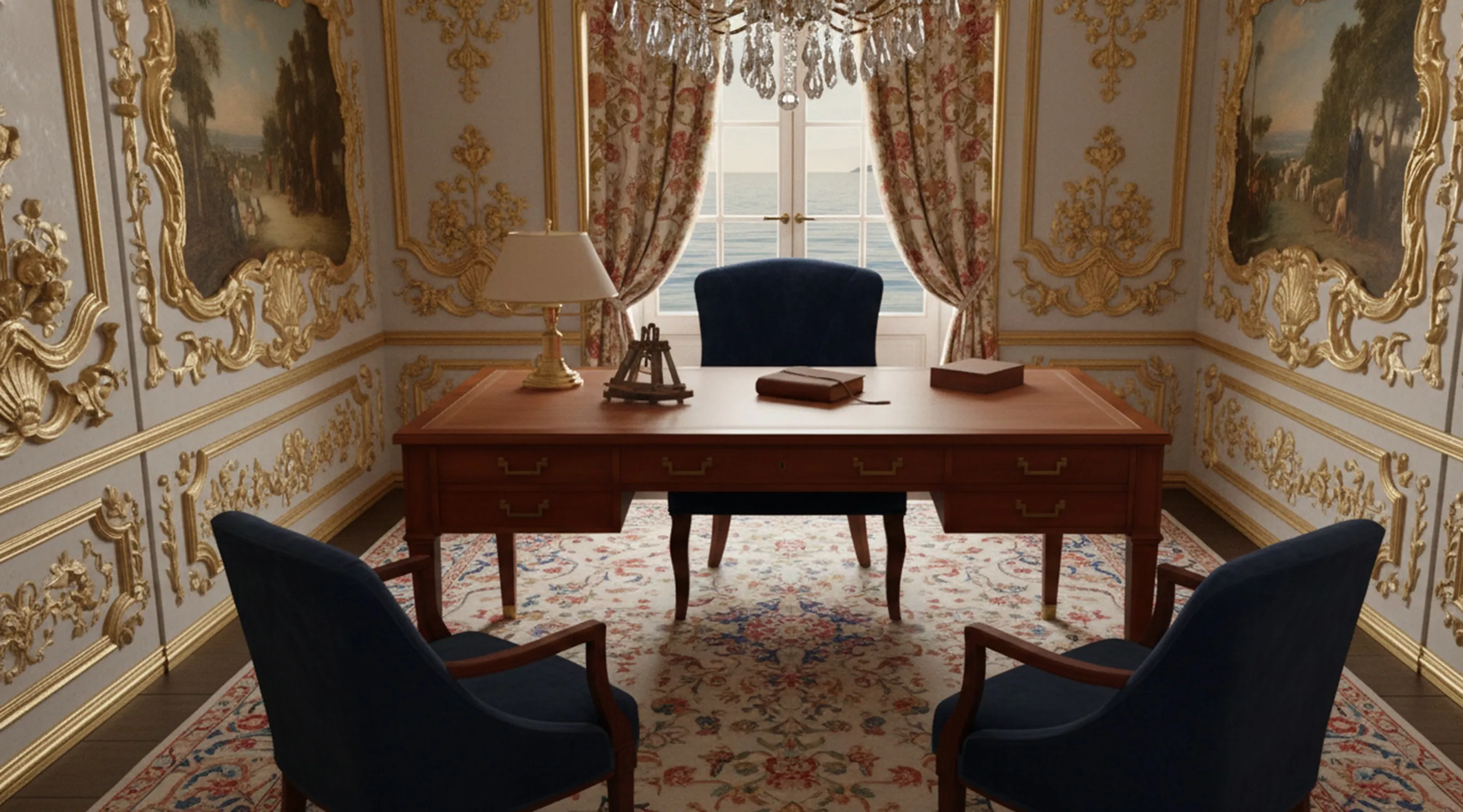 Antique desk by Jean Michel Frank in an elegant room with blue chairs and detailed decor.