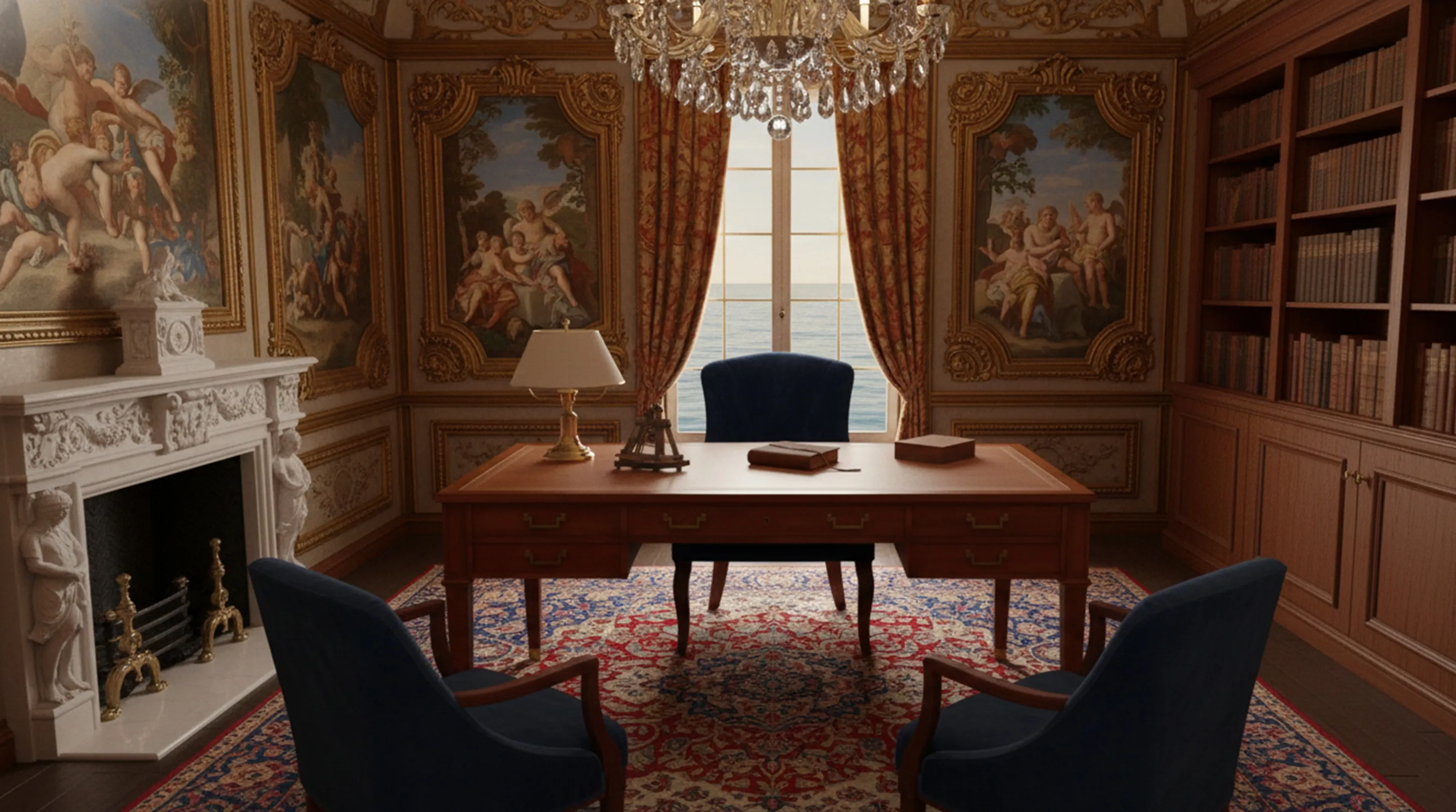 Escritório antigo em um ambiente elegante com pinturas.