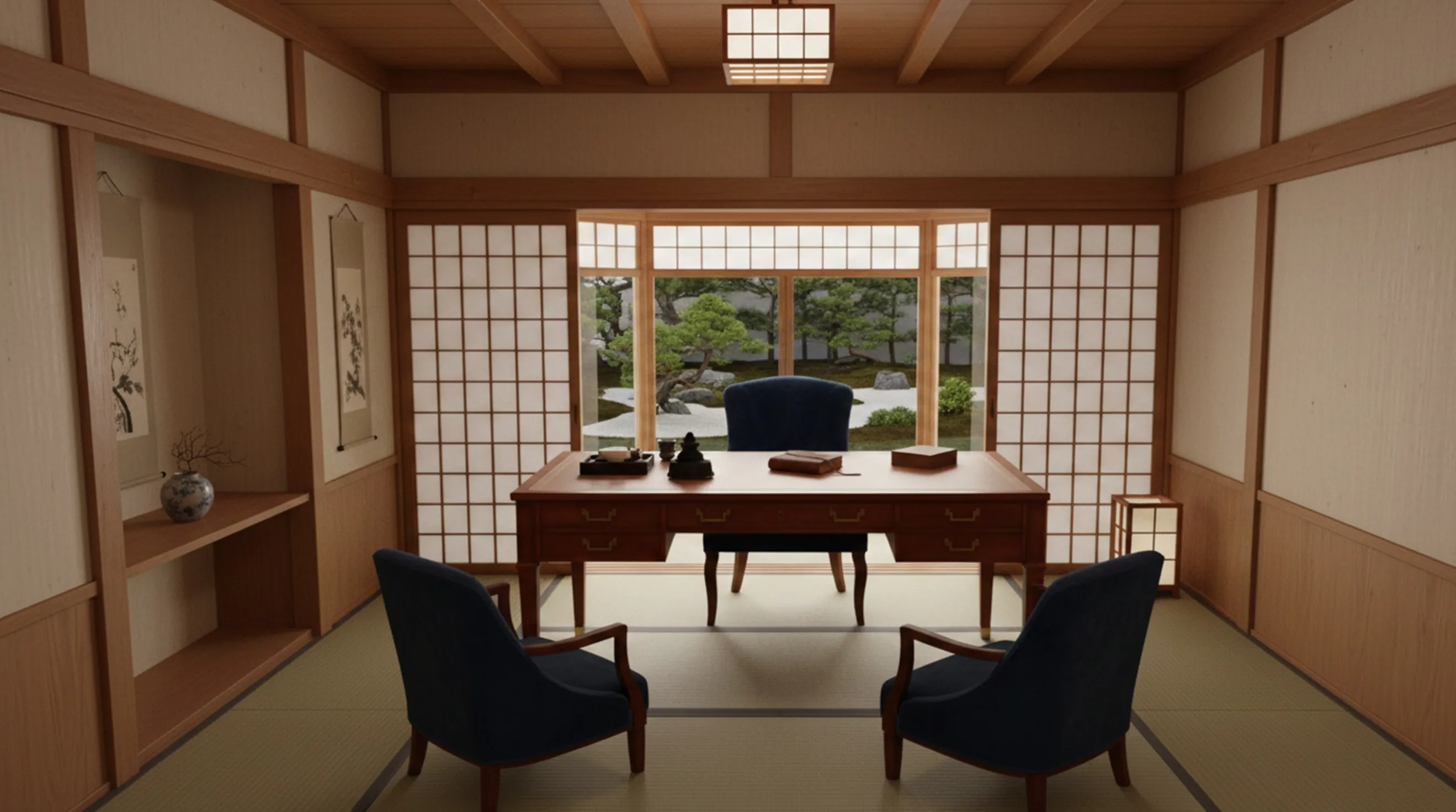 Escritorio antiguo de diseño elegante, con sillas y vista al jardín.