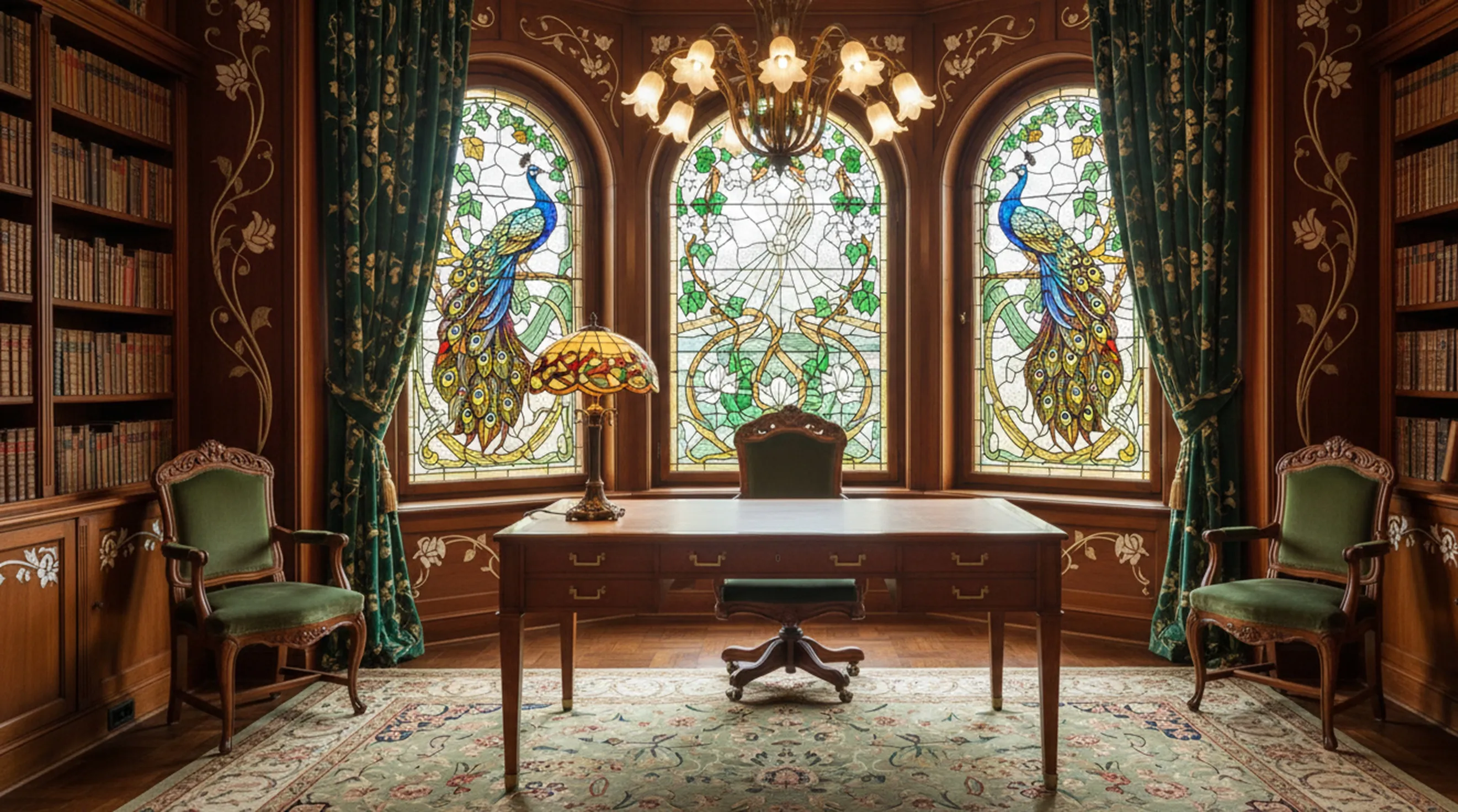 bureau ancien avec lampe et fenêtres colorées