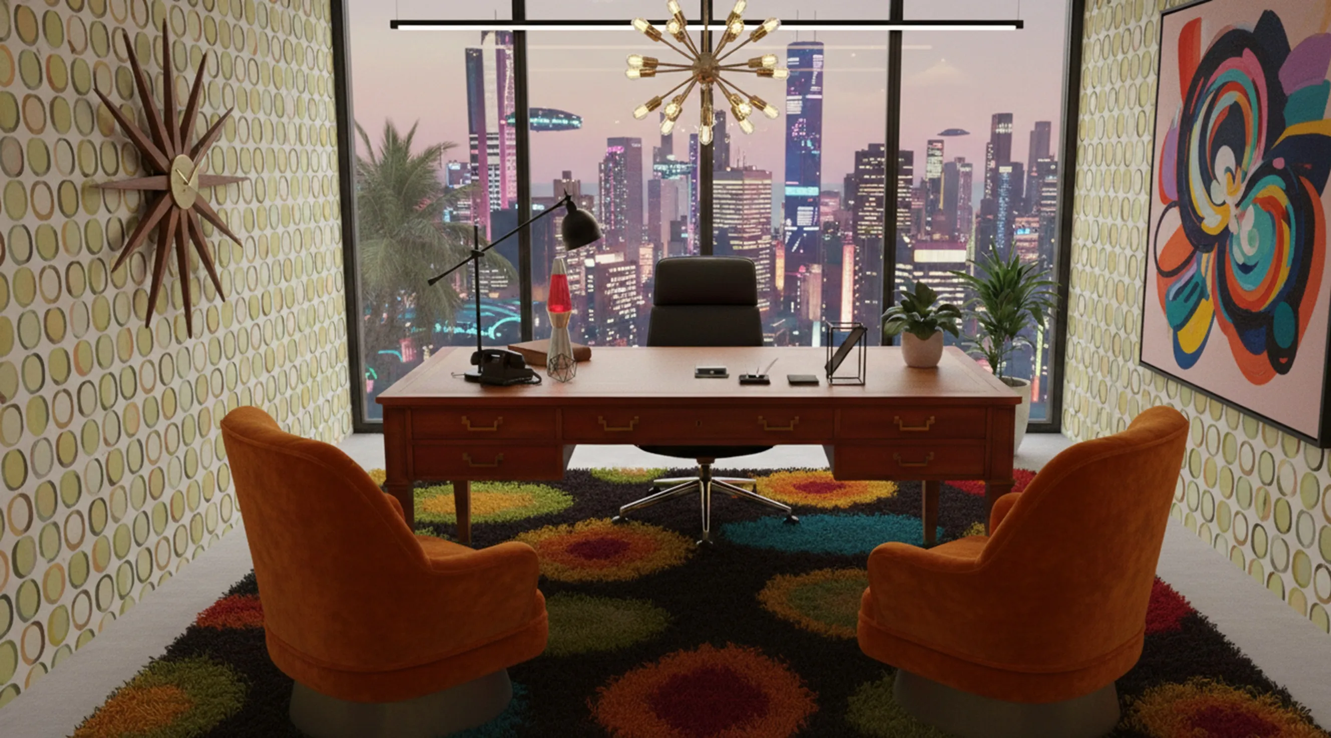 escritorio antiguo con vista de ciudad y decoración moderna