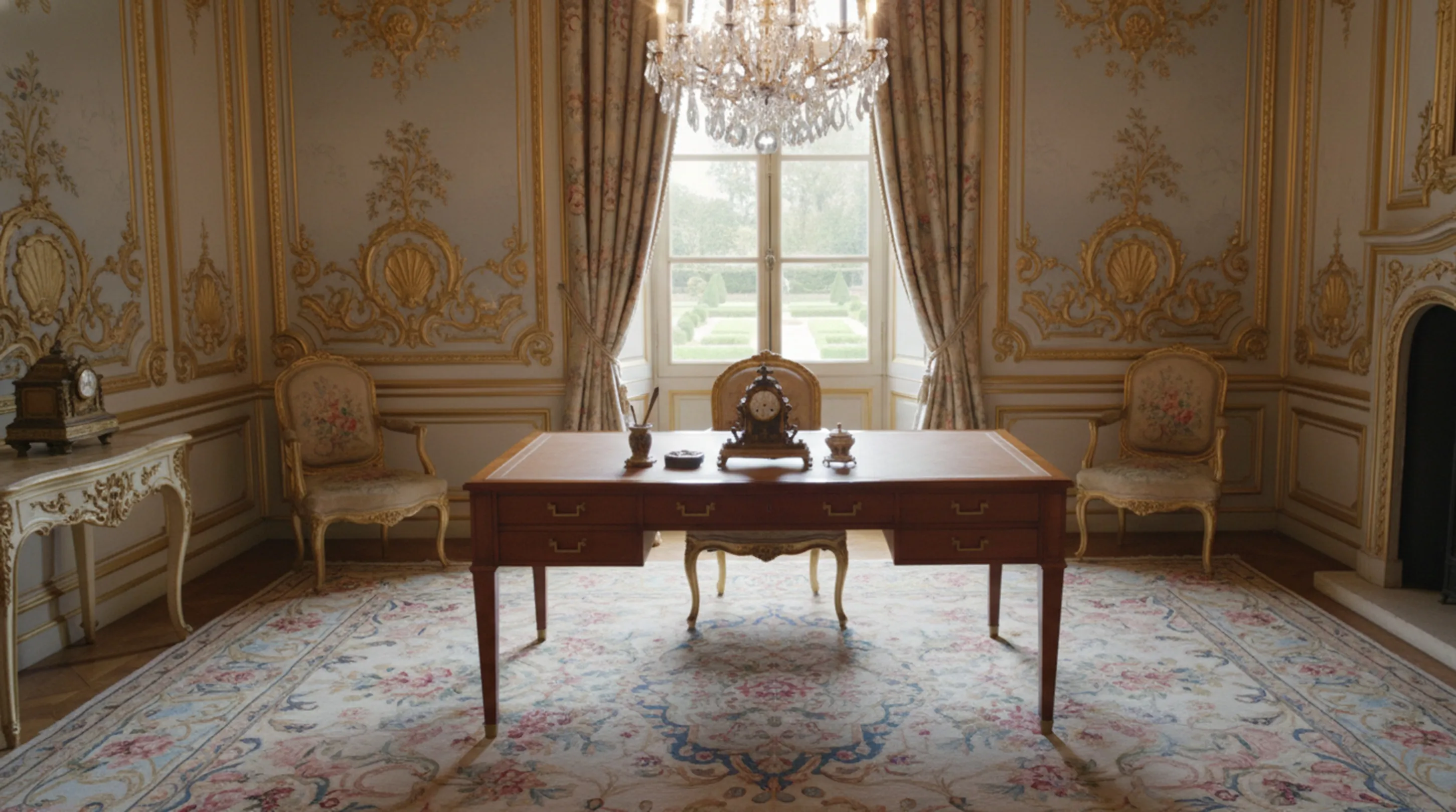 Escritorio antiguo con detalles elegantes y decoraciones en un entorno clásico.