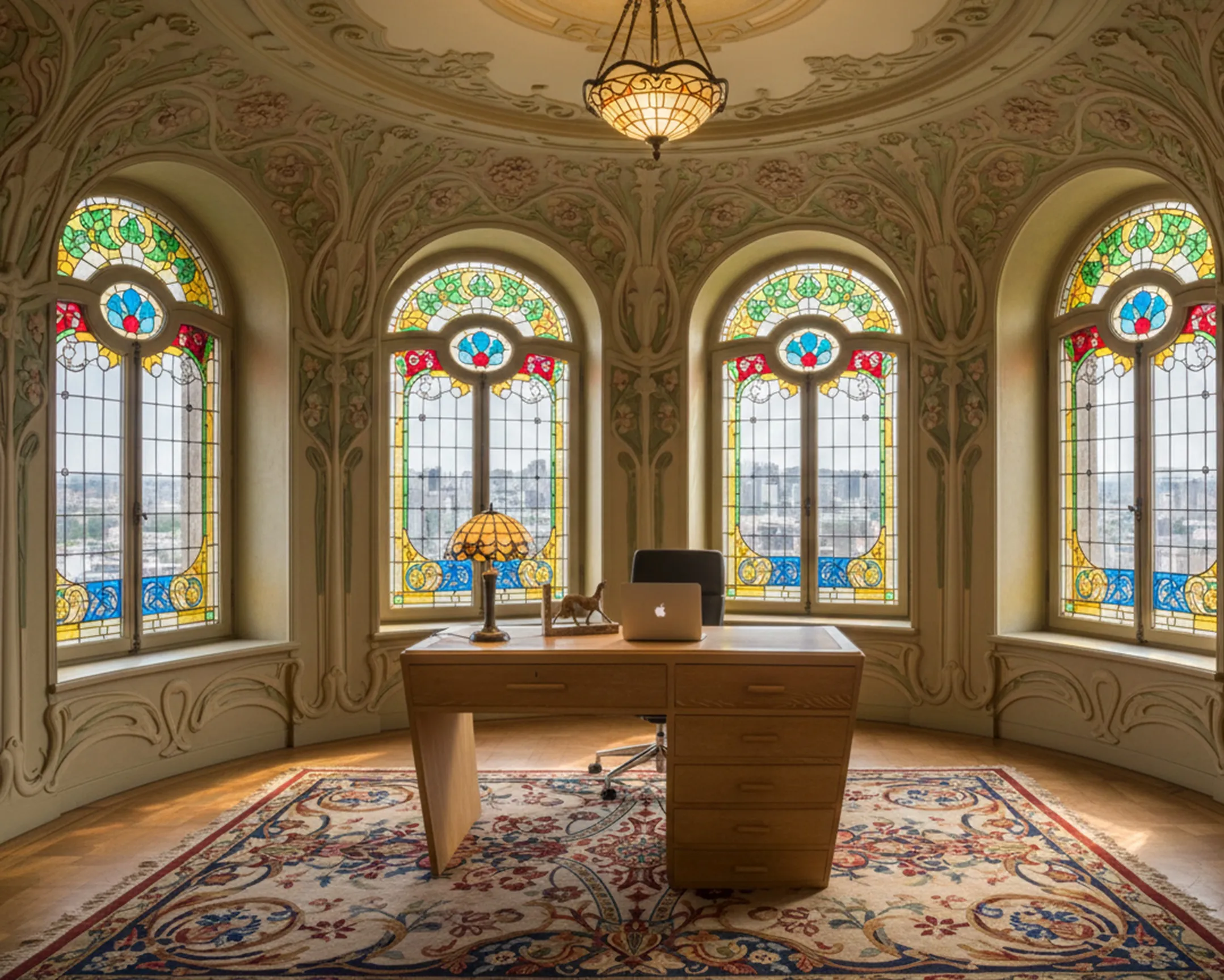 Antique desk by Jean Michel Frank with lamp and views.