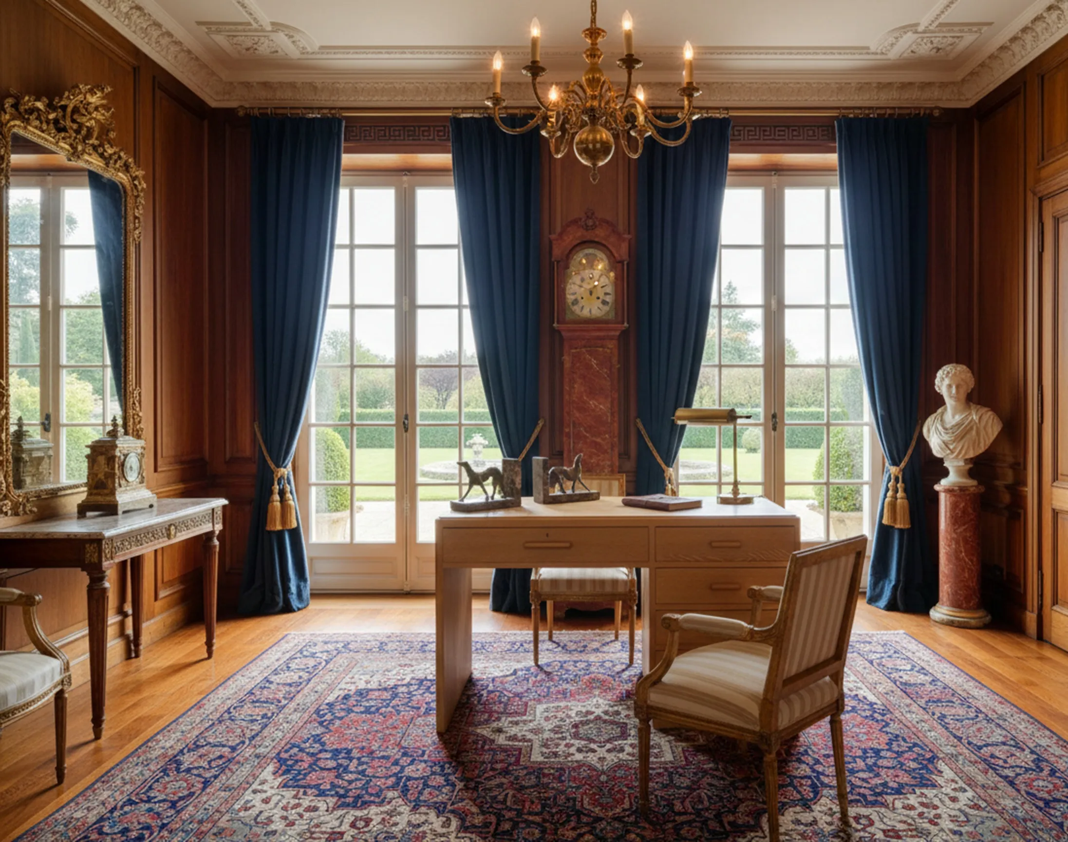 mesa antiga com lâmpada e cadeira em um ambiente elegante