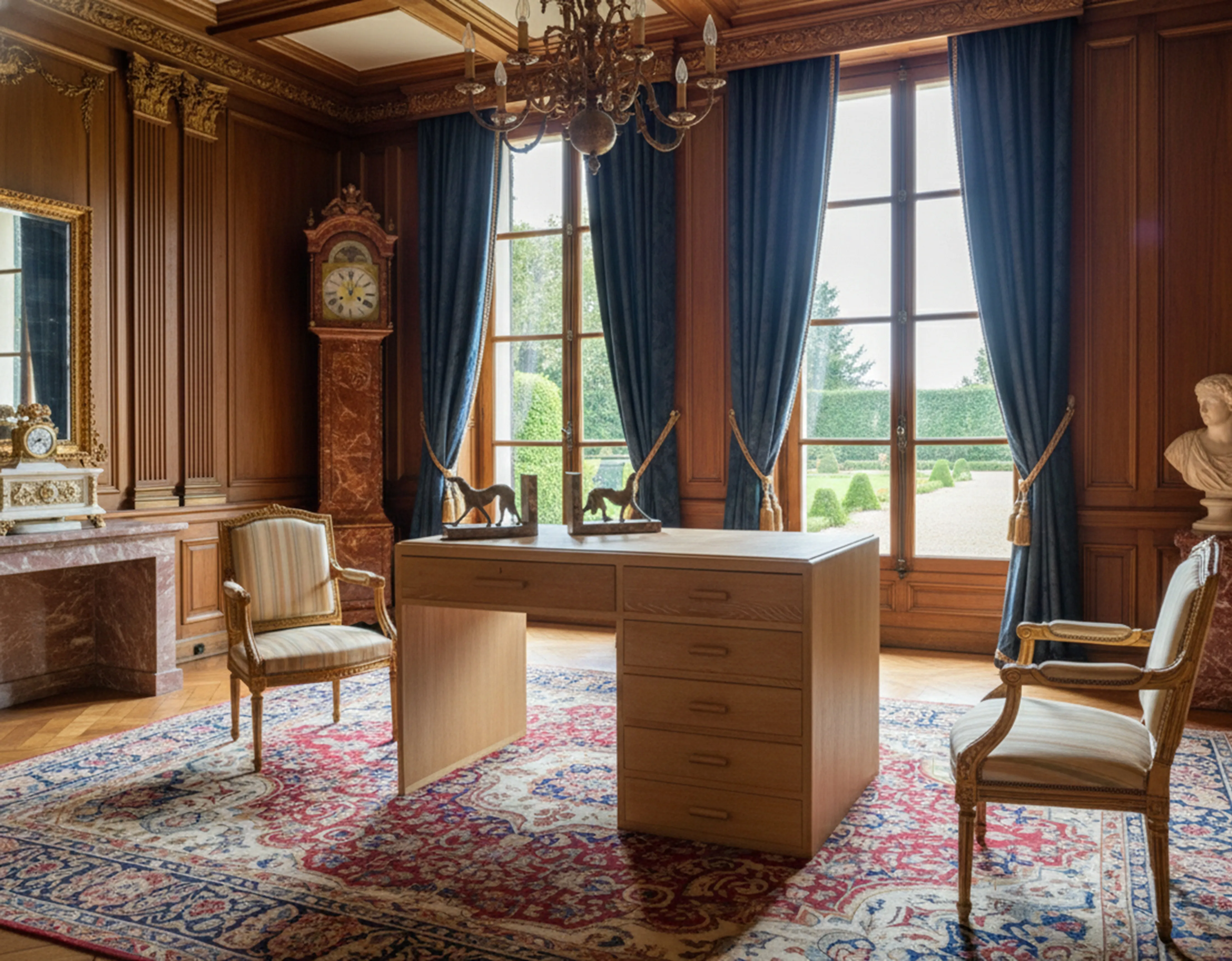 Antique desk by Jean Michel Frank in an elegant environment with large windows and chairs