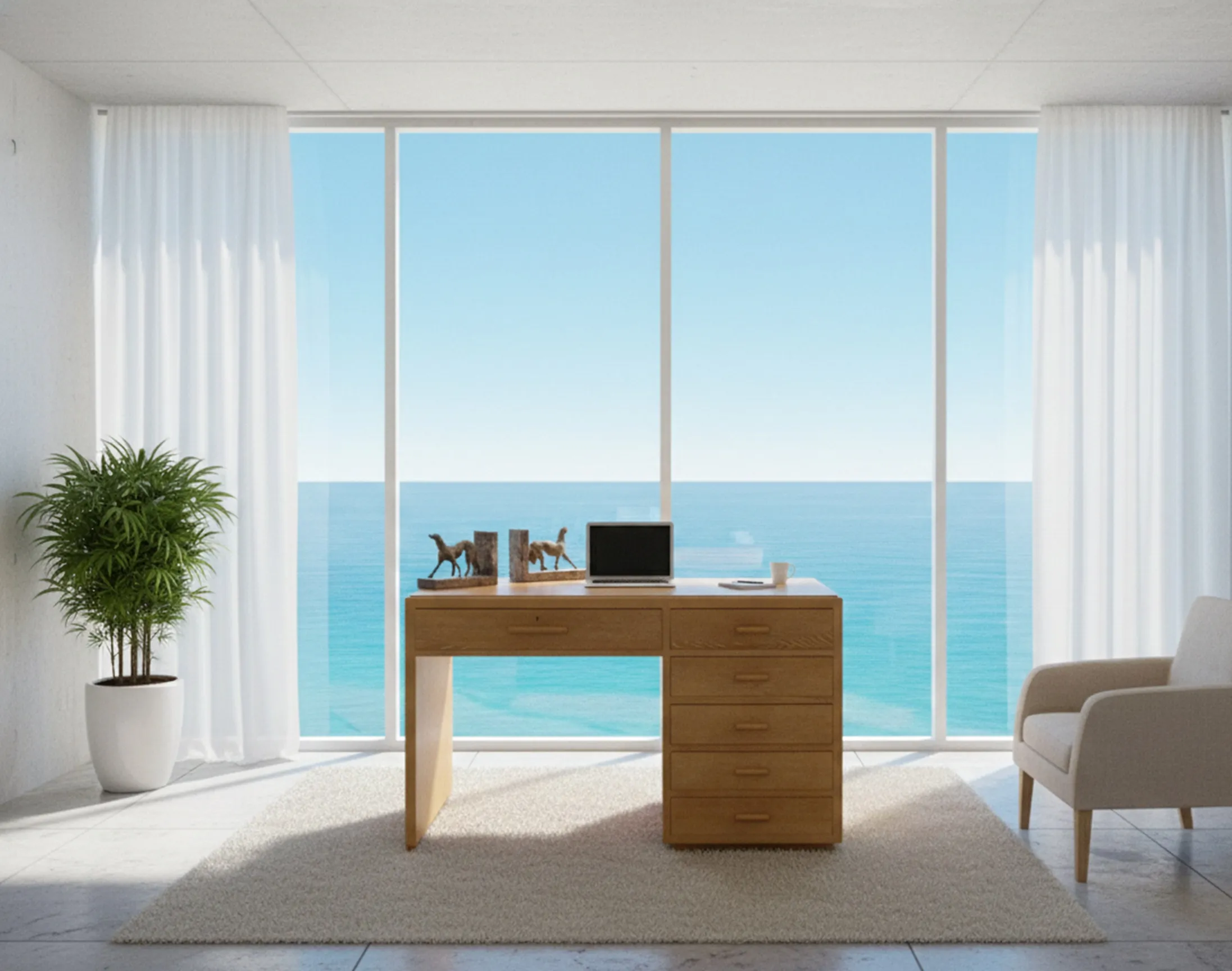 Antiker schreibtisch von jean michel frank mit Blick auf das Meer.