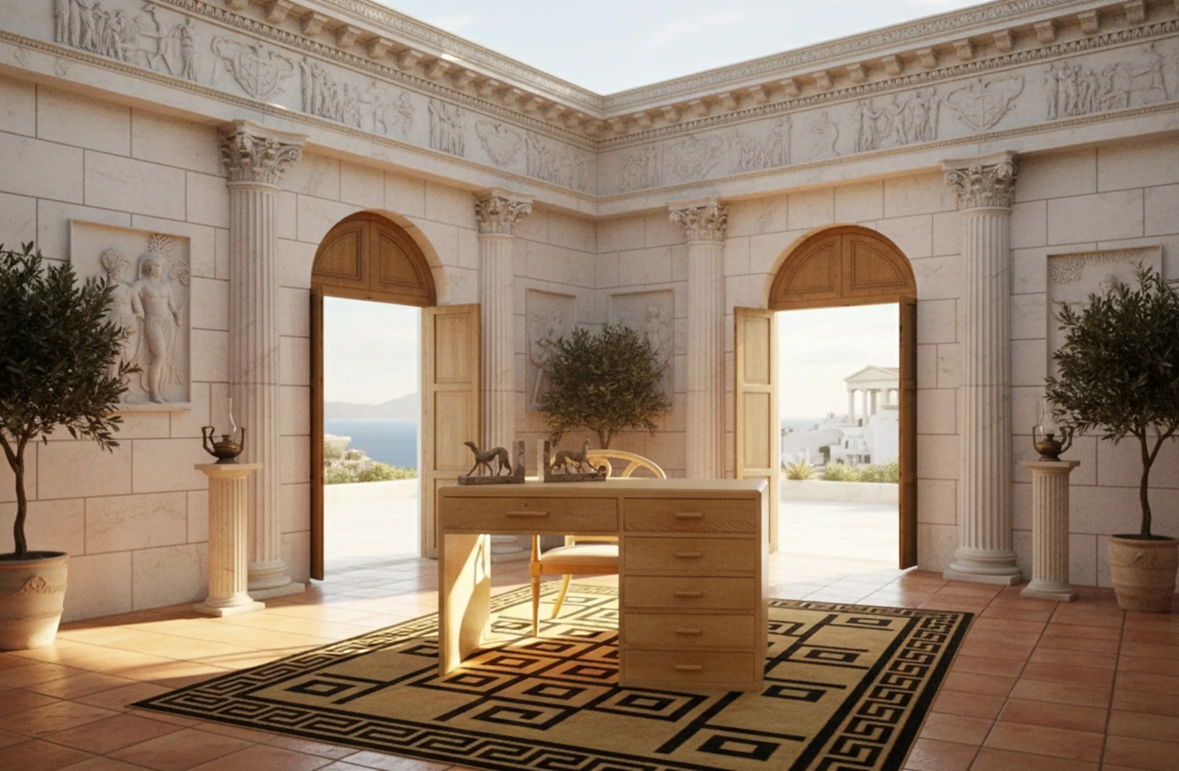 bureau ancien avec détails muraux et fenêtres ouvertes