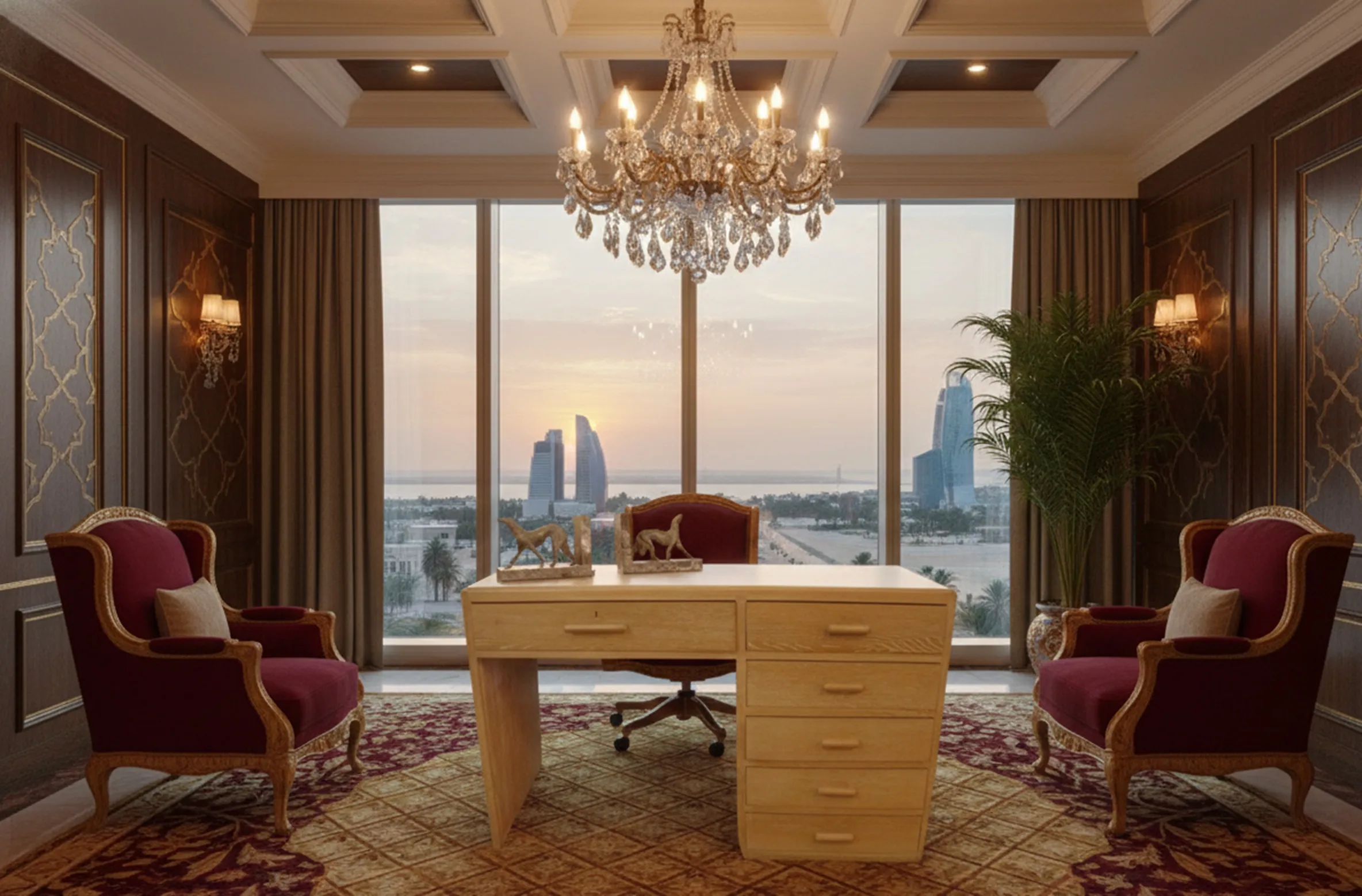 Vista elegante di una scrivania antica di Jean Michel Frank, con dettagli dorati e sedie decorate