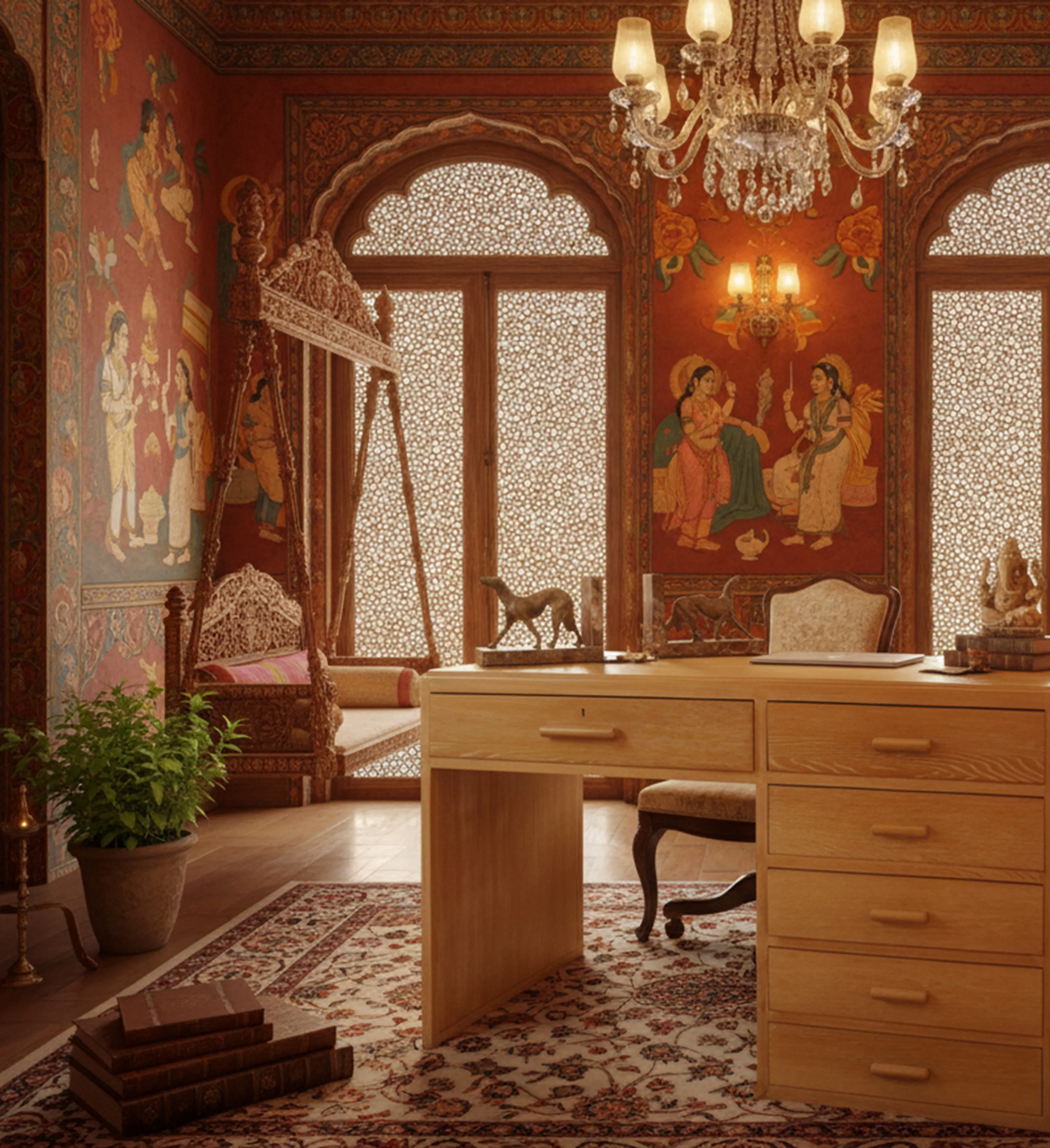 scrivania antica con dettagli ornamentali e un'atmosfera accogliente