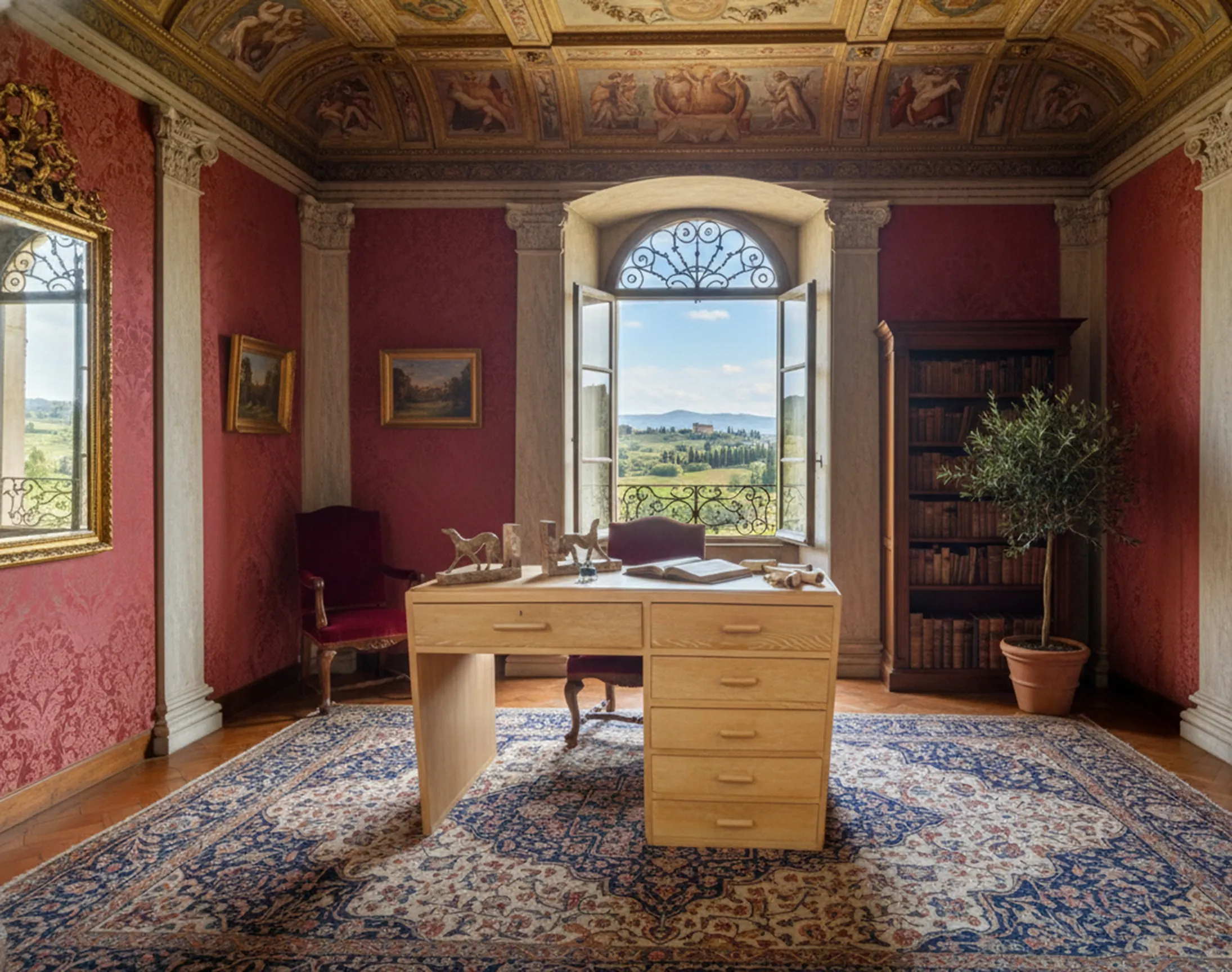 Bureau ancien avec tiroirs dans une pièce élégante aux murs rouges.