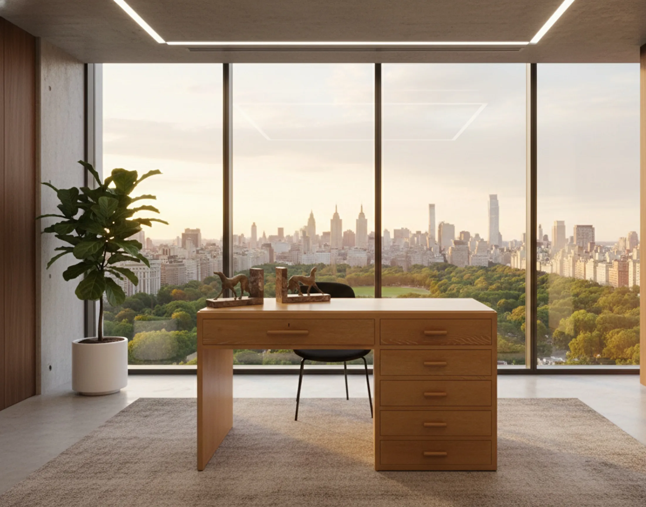 Antique desk with city view and plants