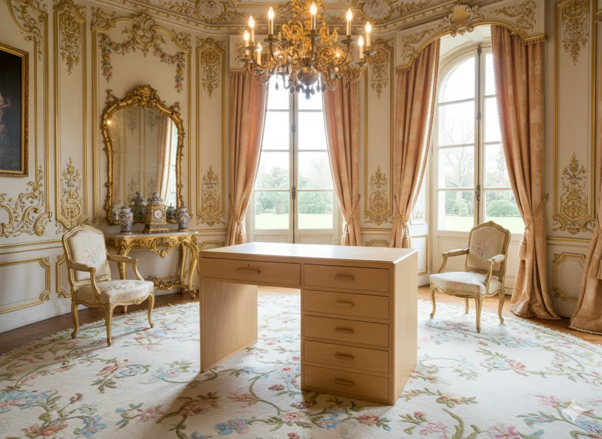 Antique desk by Jean Michel Frank in an elegant room with chairs and curtains