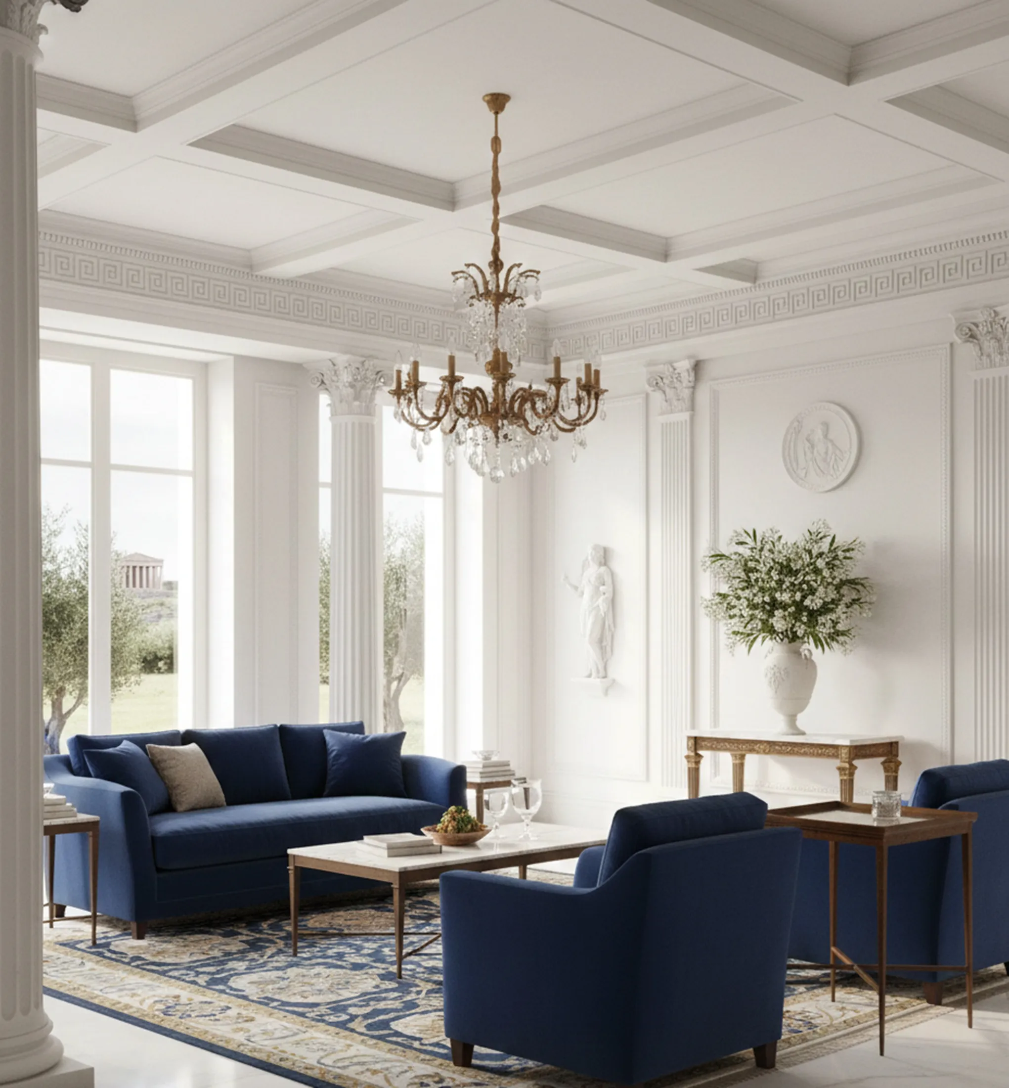 Mesa antiga Chanaux et Pelletier em sala elegante com cadeiras azuis.