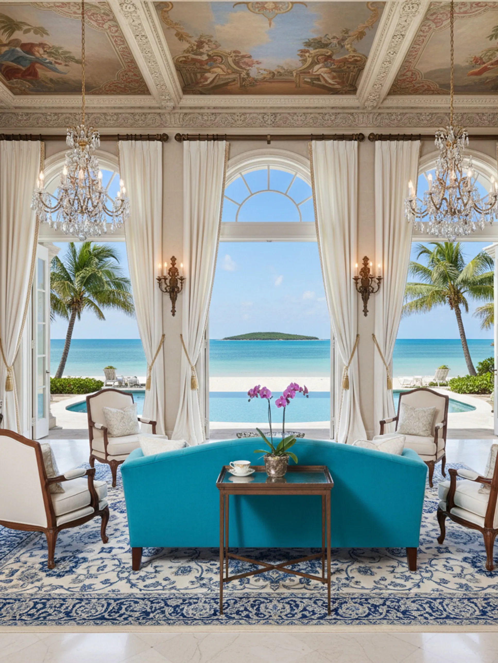 Mesa antiga Chanaux et Pelletier em um ambiente elegante com vista para o mar.