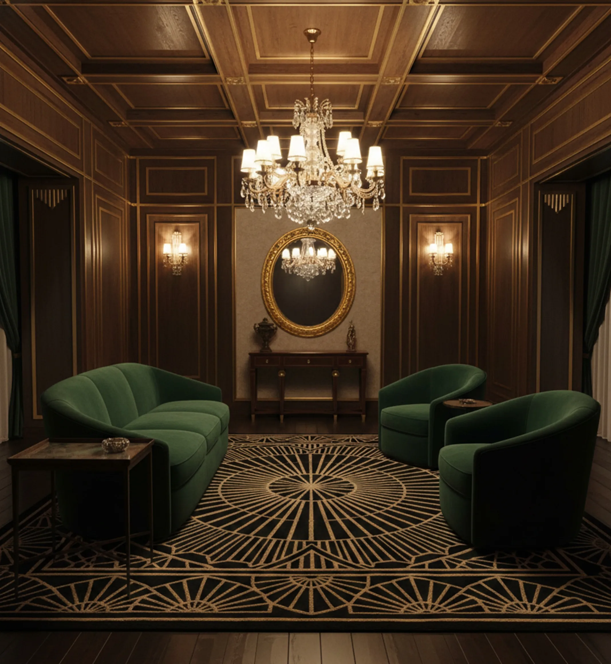 antique table Chanaux et Pelletier in an elegant living room with lights and mirror