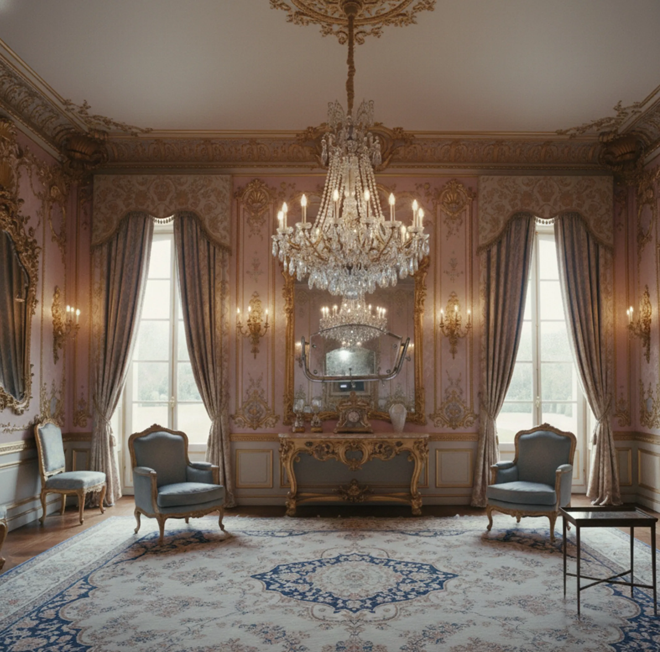 Mesa antigua de Chanaux et Pelletier en un salón elegante con candelabros.