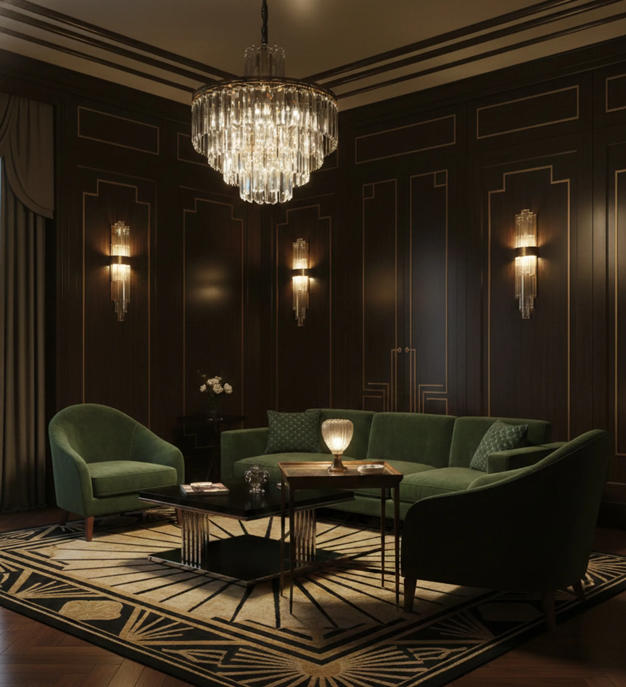 Mesa antiga Chanaux et Pelletier em um ambiente elegante com poltronas verdes.